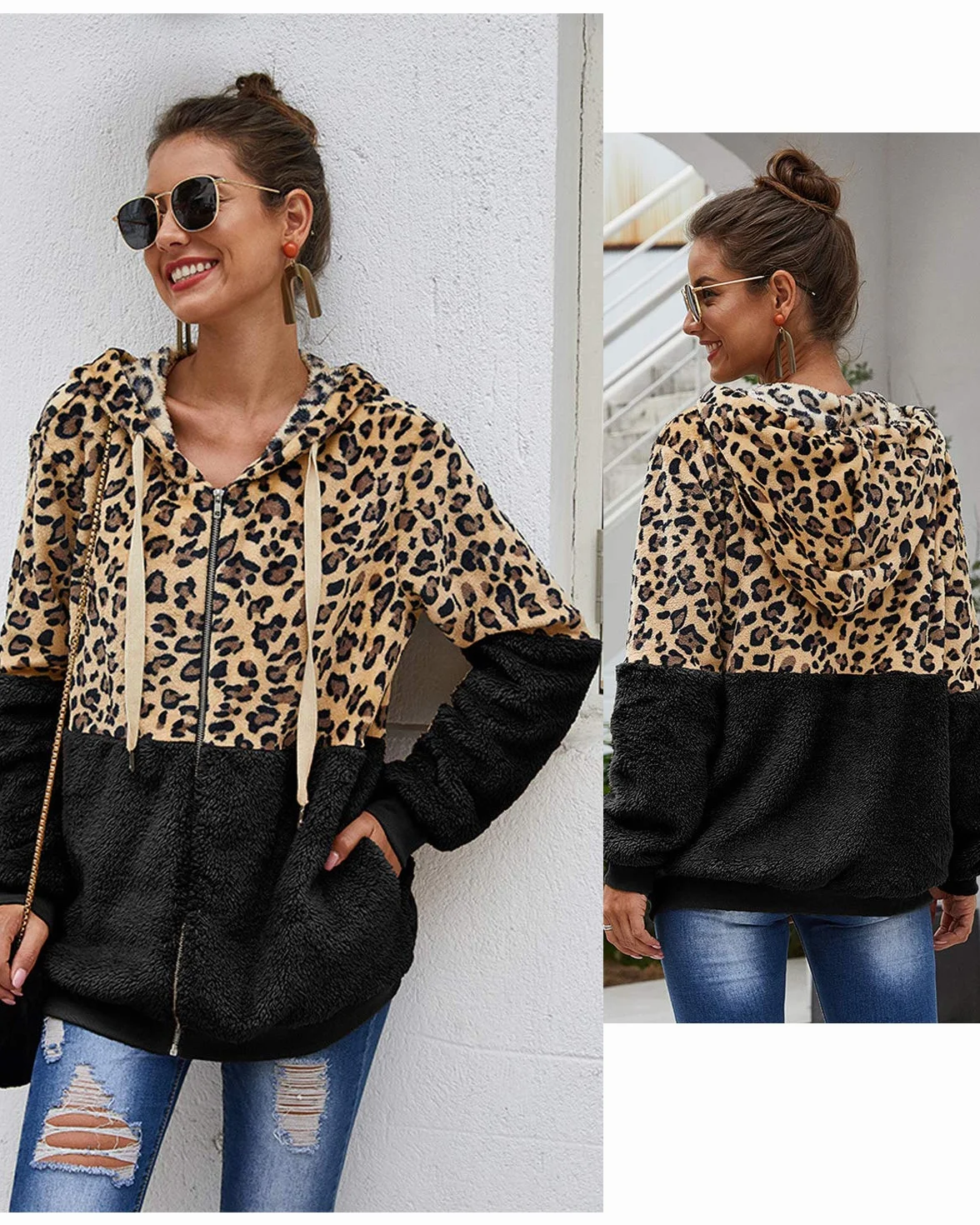 ABINGOO Abrigo Mujer Chaqueta Suéter Otoño Invierno Leopardo Lana Sudadera con Capucha