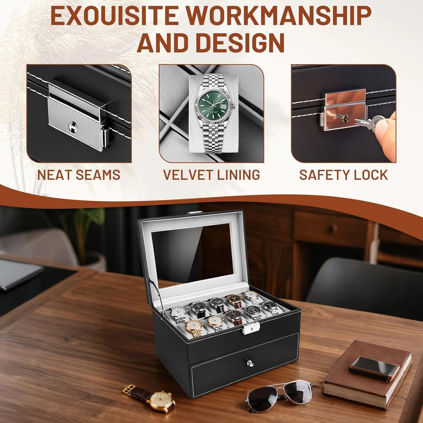 Caja de Relojes con Dos Capas, Estuche Relojero Organizador, Tapa de Cristal, PU Negro