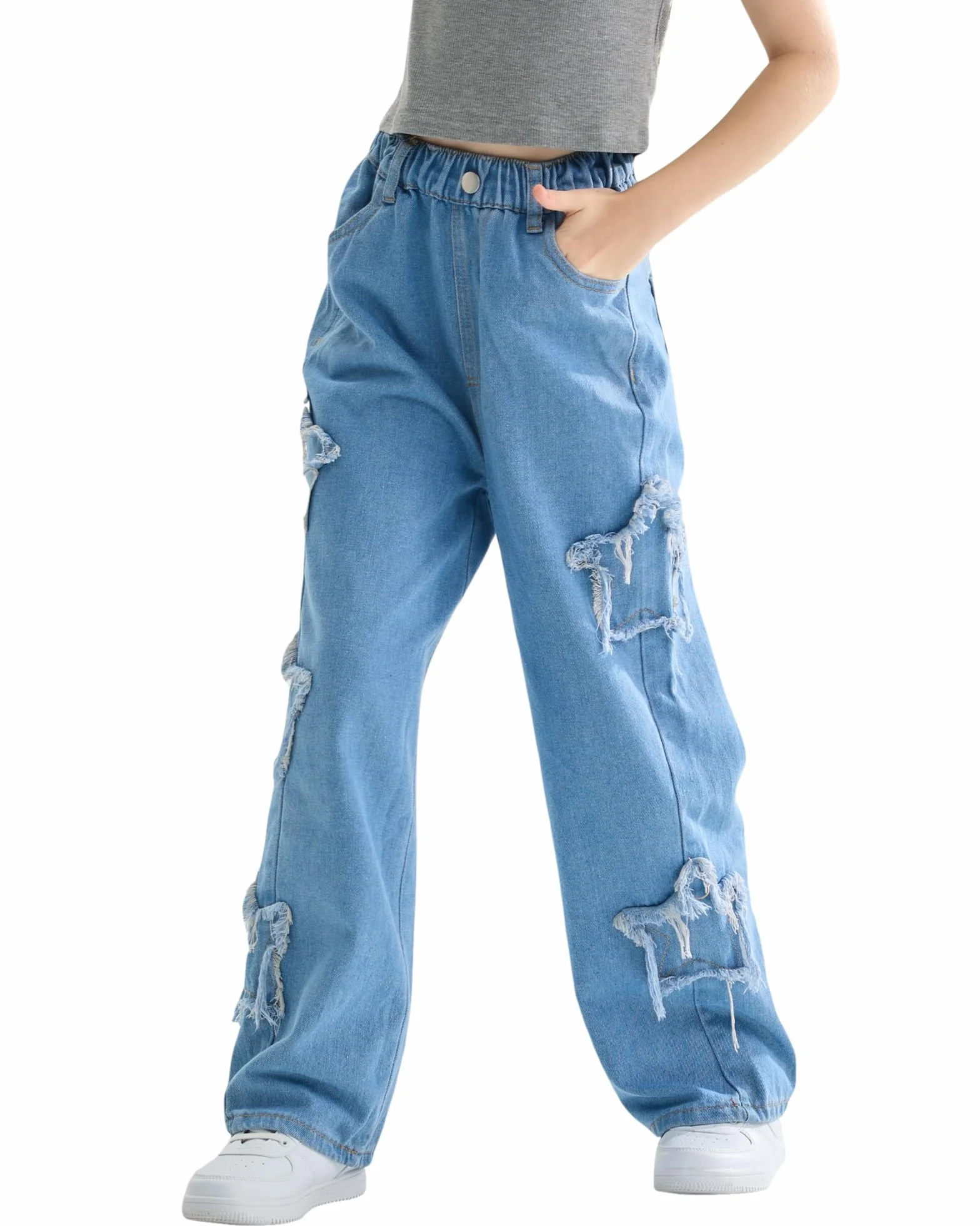Vaqueros Niñas Loose Denim Pantalones Cintura Elástica Moda Rotos Azul