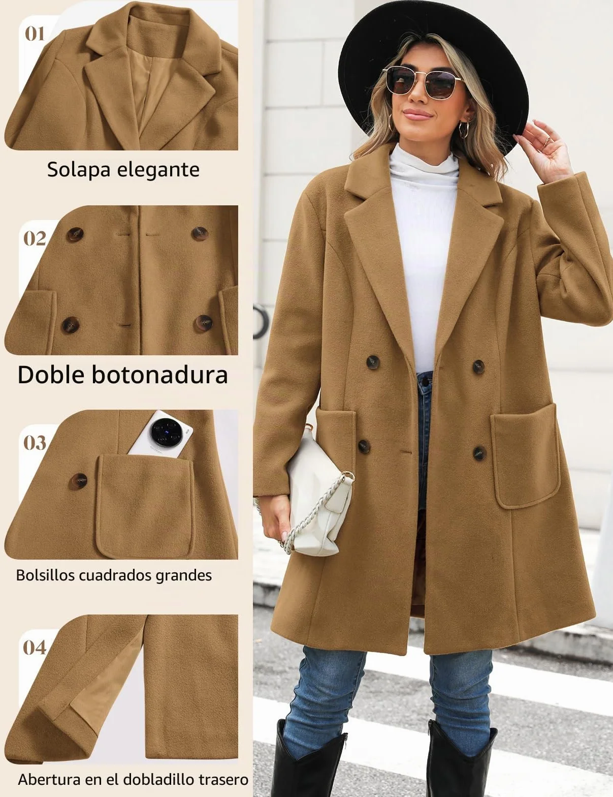 Yuson Abrigo Mujer Invierno Doble Botonadura Mezcla de Lana Grueso CáLido Cuello de Solapa Longitud Media
