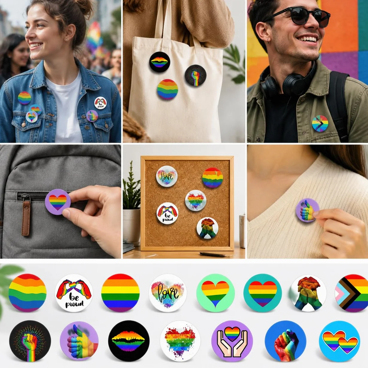 Insignias Orgullo Arcoíris 16 Piezas 44MM, Chapas LGBTQ con Puño Arcoíris, Pines Acero Inoxidable