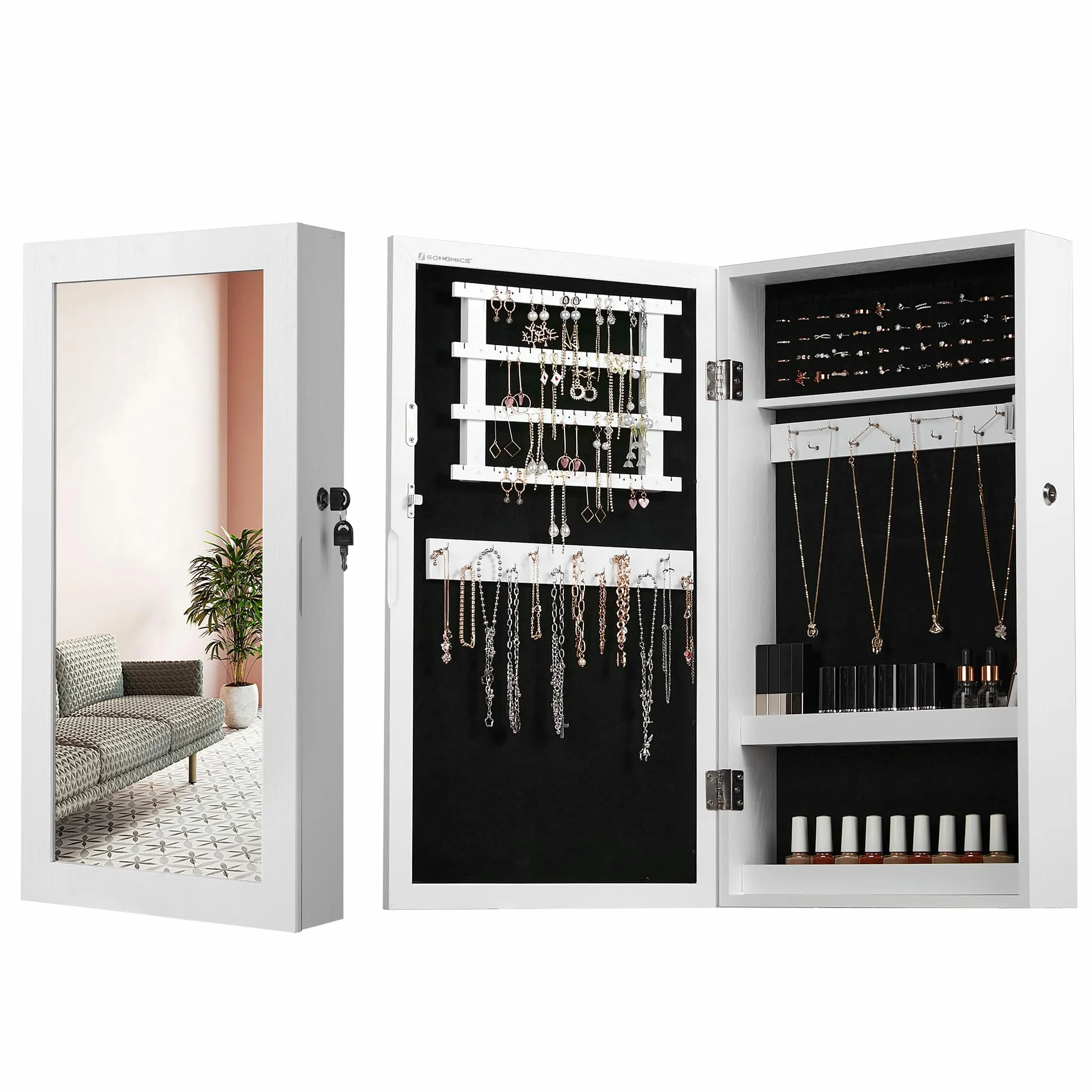 SONGMICS Armario Joyero de Pared con Espejo, Organizador de Joyas JBC51W