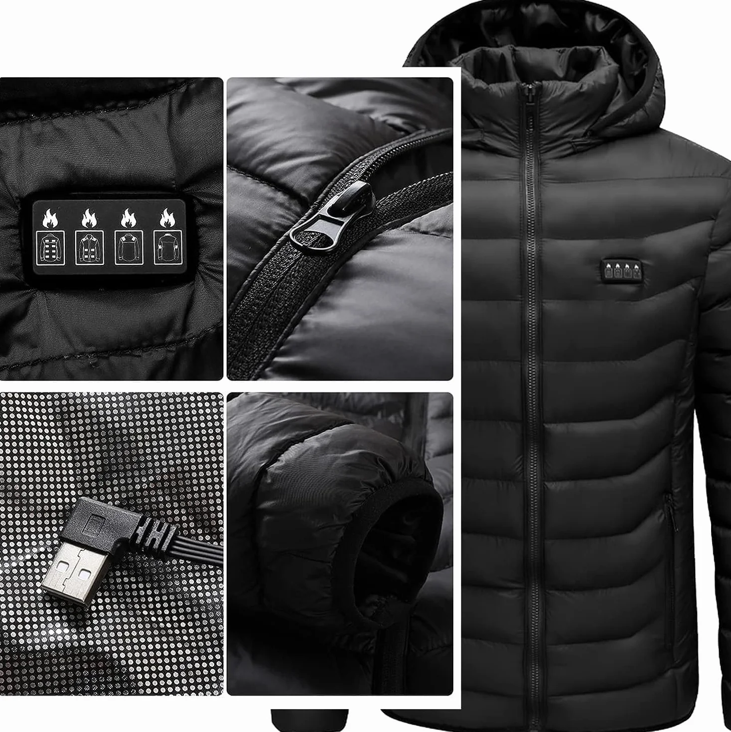 Chaqueta Calefactable Eléctrica 19 Zonas USB Recargable Lavable con Capucha para Hombre Mujer