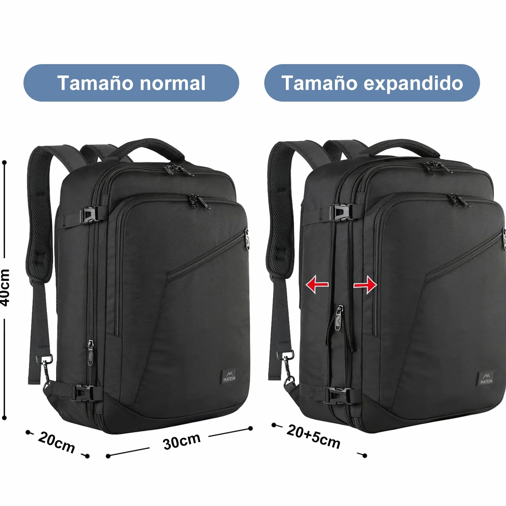 MATEIN Mochila Viaje Cabina Avion 40x30x20 Ryanair Expandible 30L Maletas Cabina 40x20x30 para Mujer y Hombre Equipaje de Mano Negro