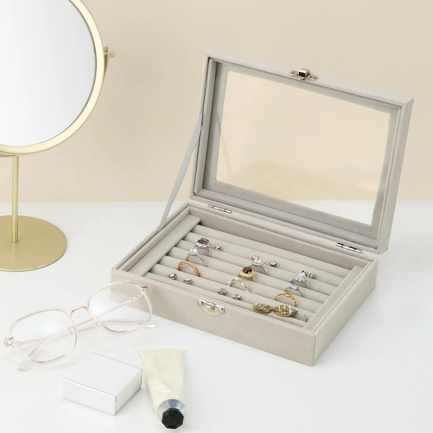 QWORK® Joyero de Terciopelo con Tapa Transparente, Organizador de Anillos 7 Compartimentos
