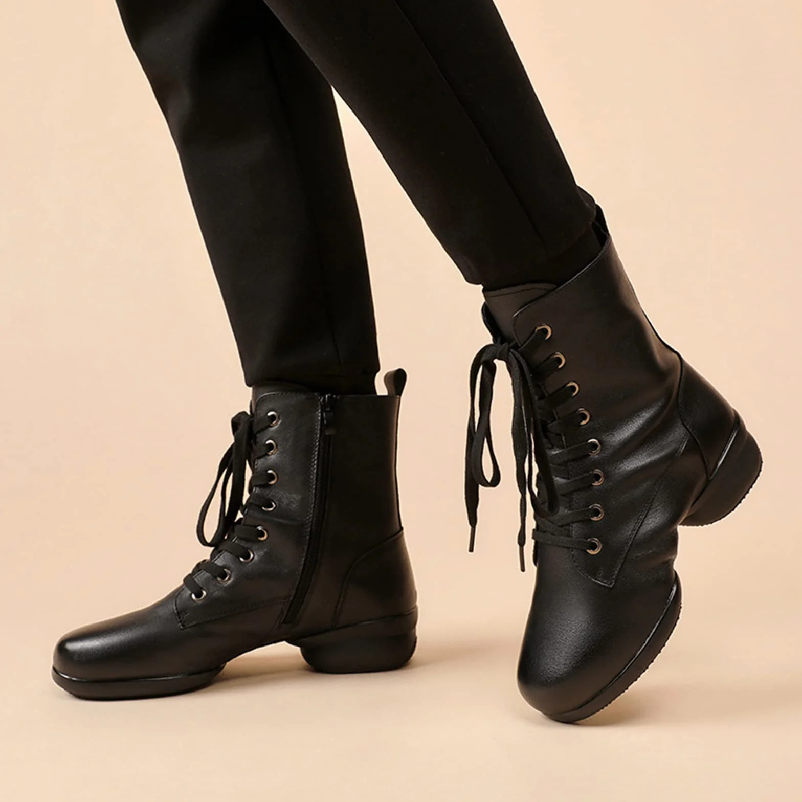 Botas de Baile Latino Moderno para Hombres con Suela Dividida Cuero Cremallera Lateral Tacón Bajo