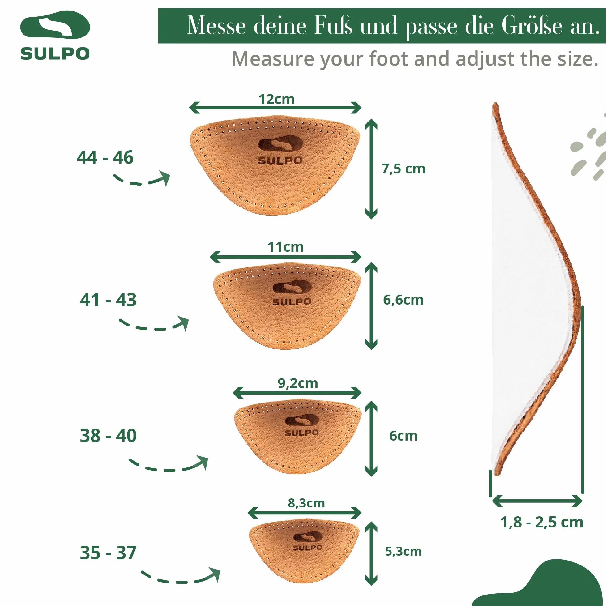 SULPO Plantillas ortopédicas cuña pies planos cuero curtido vegetal metatarsalgia soporte arco longitudinal almohadillas metatarsales 41-43