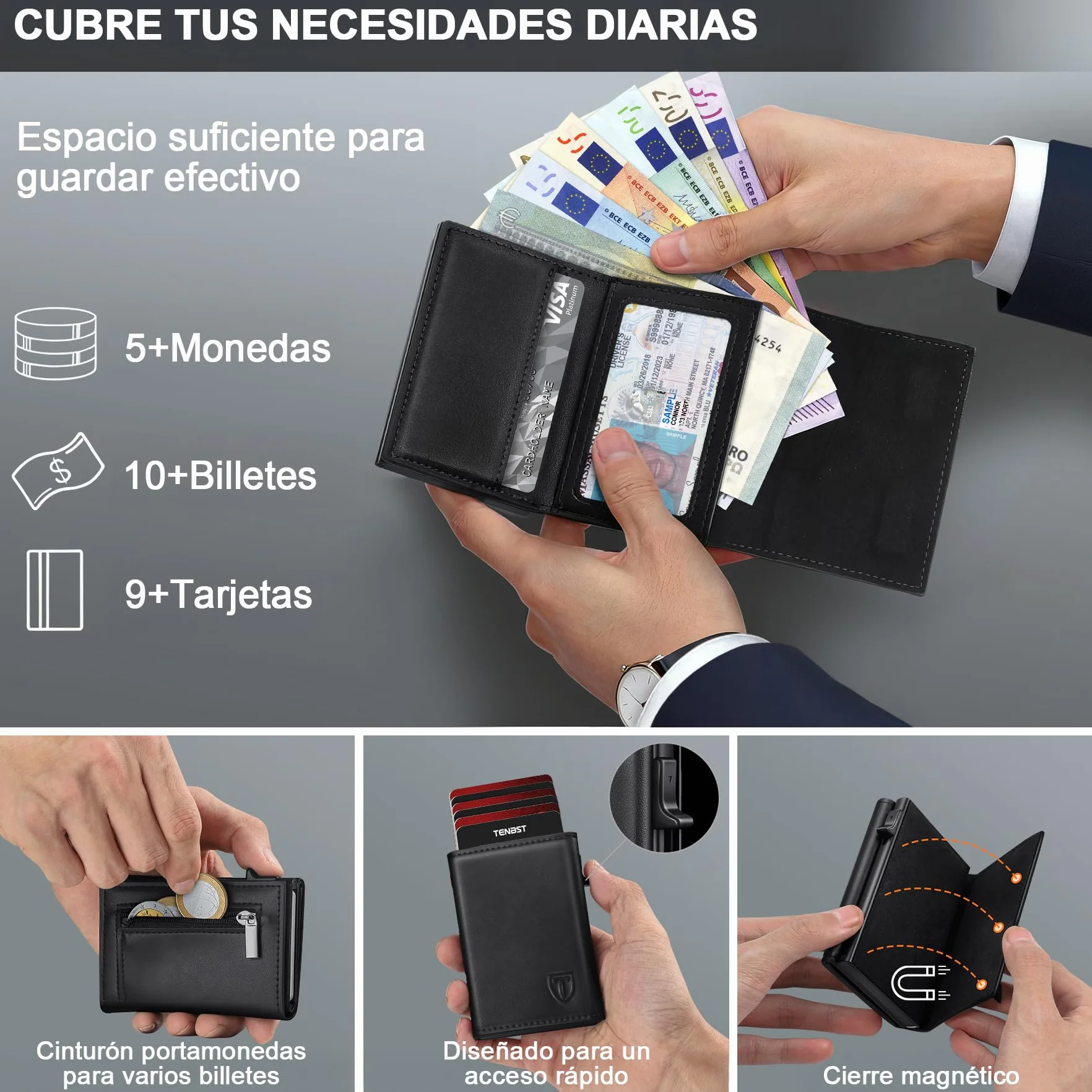 Cartera Hombre Cuero Tarjetero Bloqueo RFID Pequeño Crédito Billetes Monedas Caja Regalo