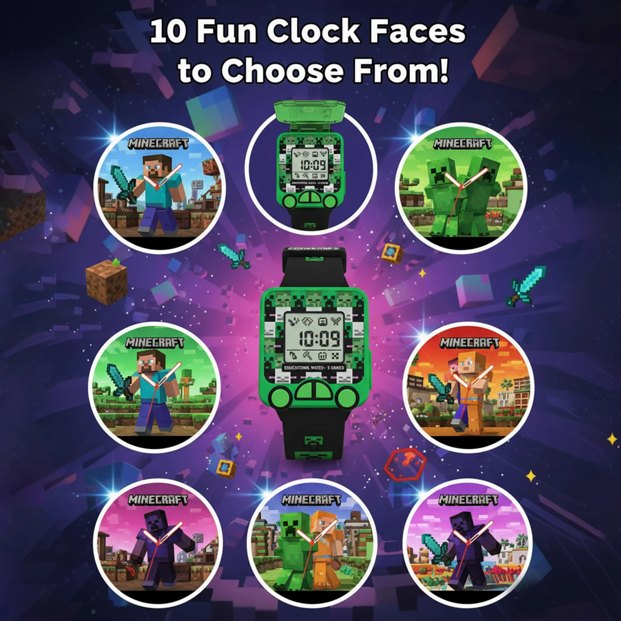 SRV Hub Minecraft - Reloj digital educativo - Reloj inteligente LED para niños con 5 divertidos juegos de aprendizaje, temporizador, alarma, cronómetro, 10 caras de reloj, correa de silicona azul - A
