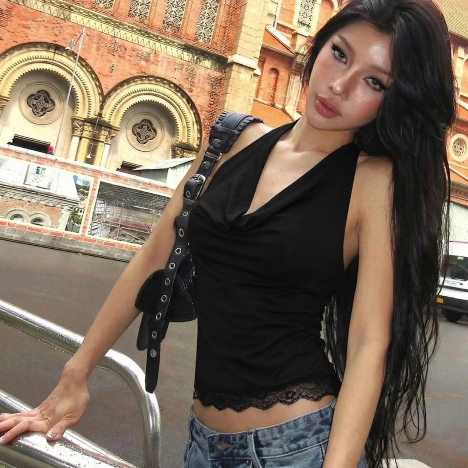 Chaleco de Mujer Moda Encaje Ruffles Halter Superior Colgante Cuello En V Tank Top Sexy Elegante Arriba Mujeres-Black-l