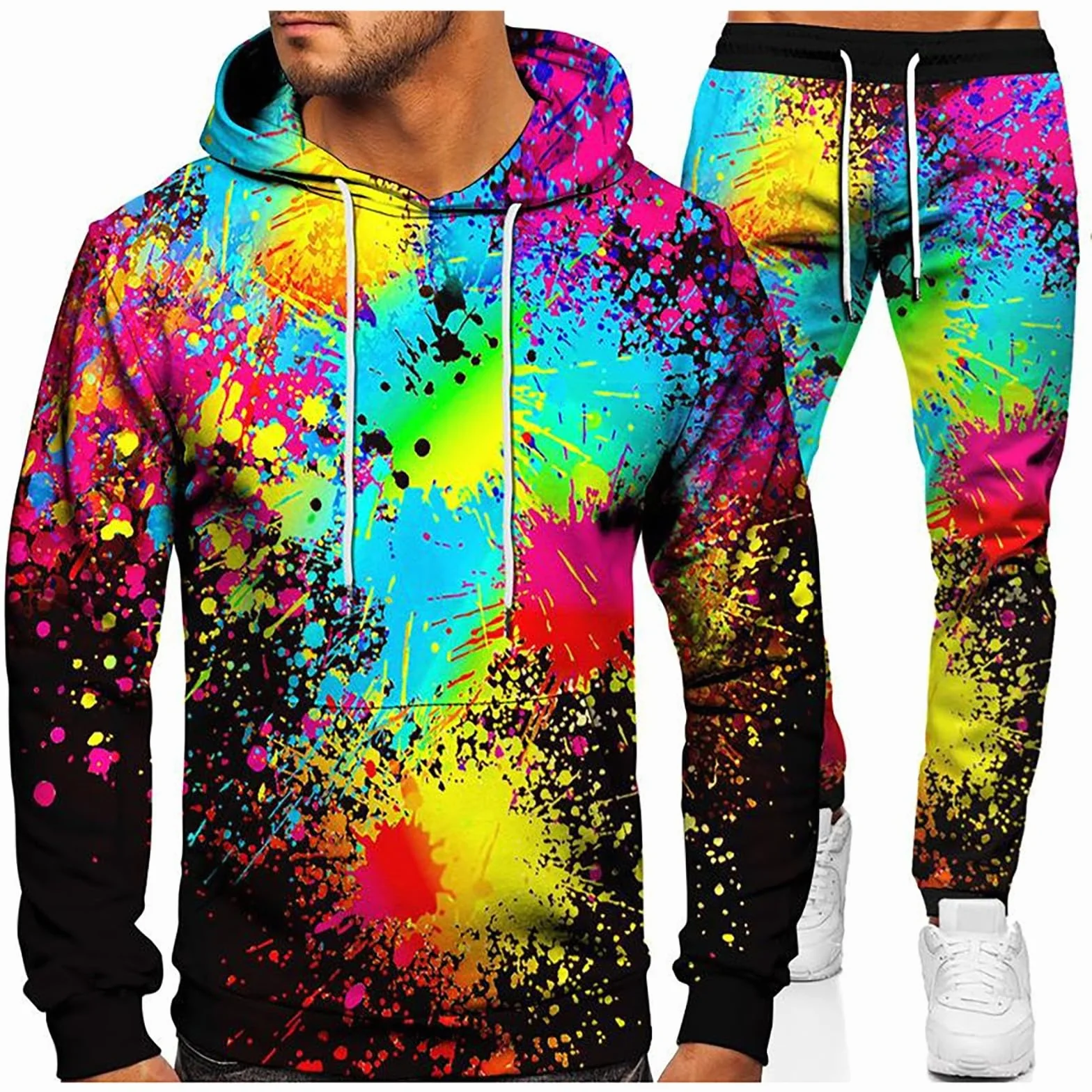 Traje de los años 90 para hombre con estampado de galaxia 3D, pantalón de chándal holgado, sudadera con capucha y manga larga