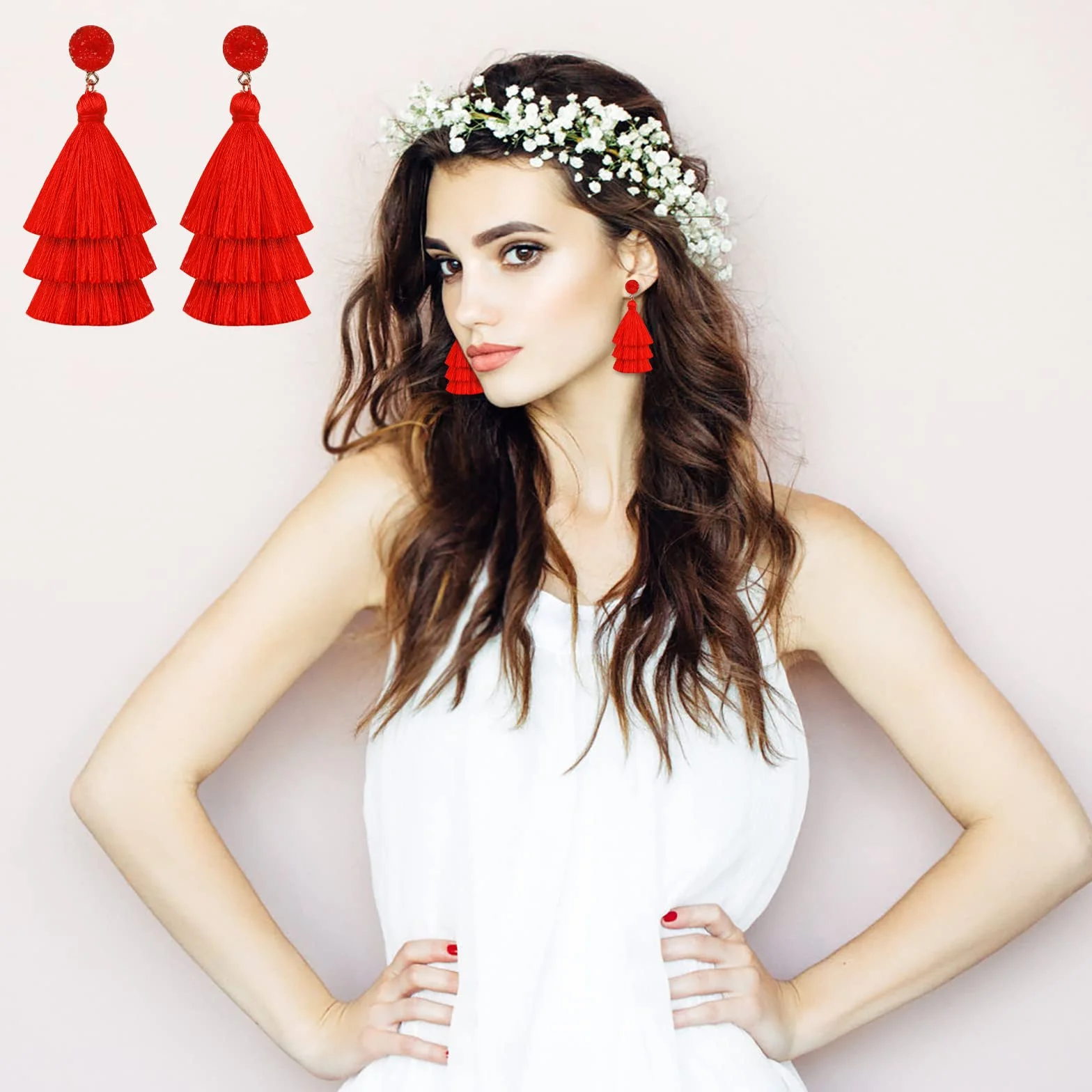 Pendientes Bohemios Borla Capas Colgantes Boho Hilo Rojo Mujer