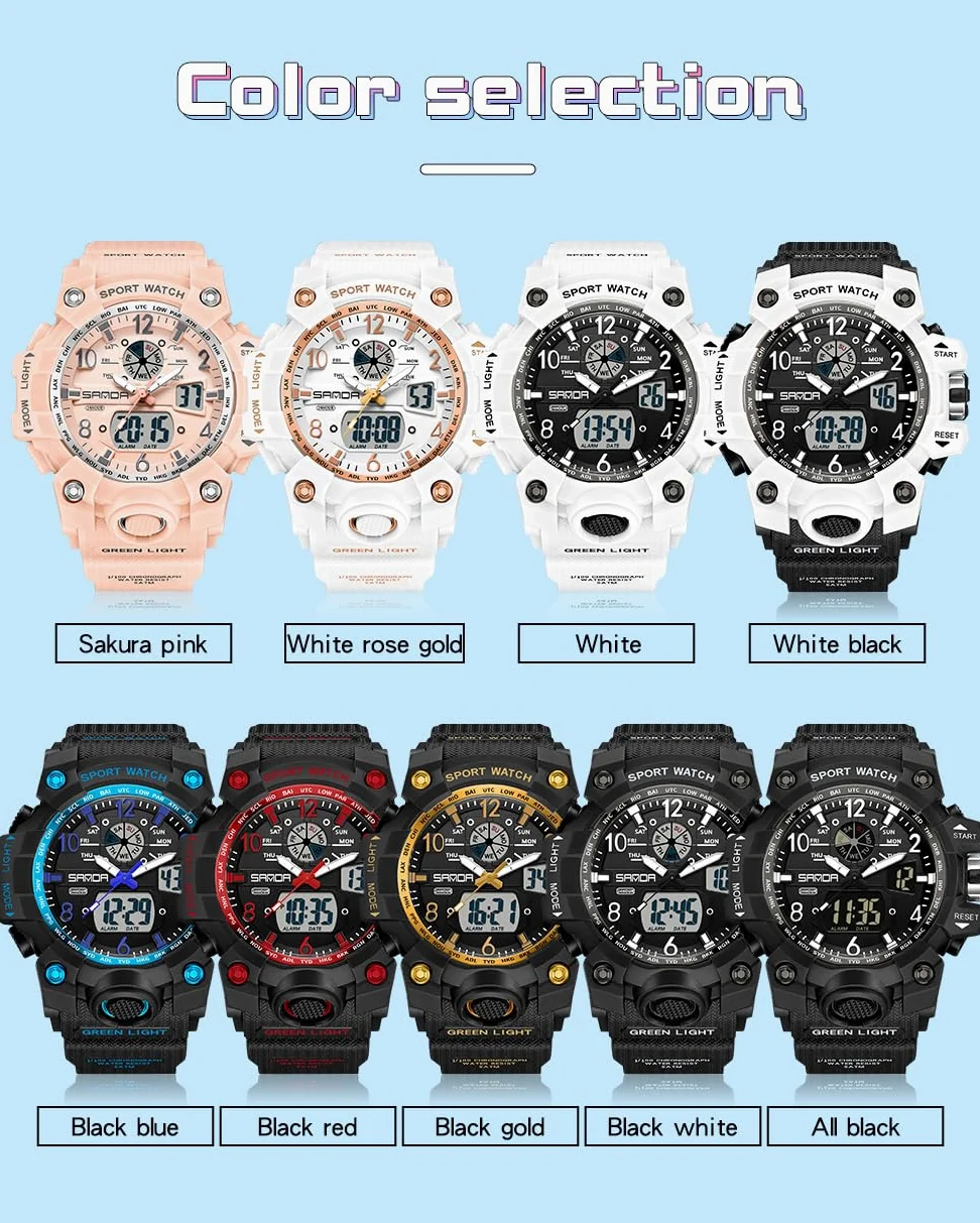 Gosasa Reloj deportivo digital para mujer, 5 ATM, resistente al agua, luz LED, esfera grande, analógico, multifuncional, reloj de pulsera con alarma, cronómetro, calendario, timbre por hora