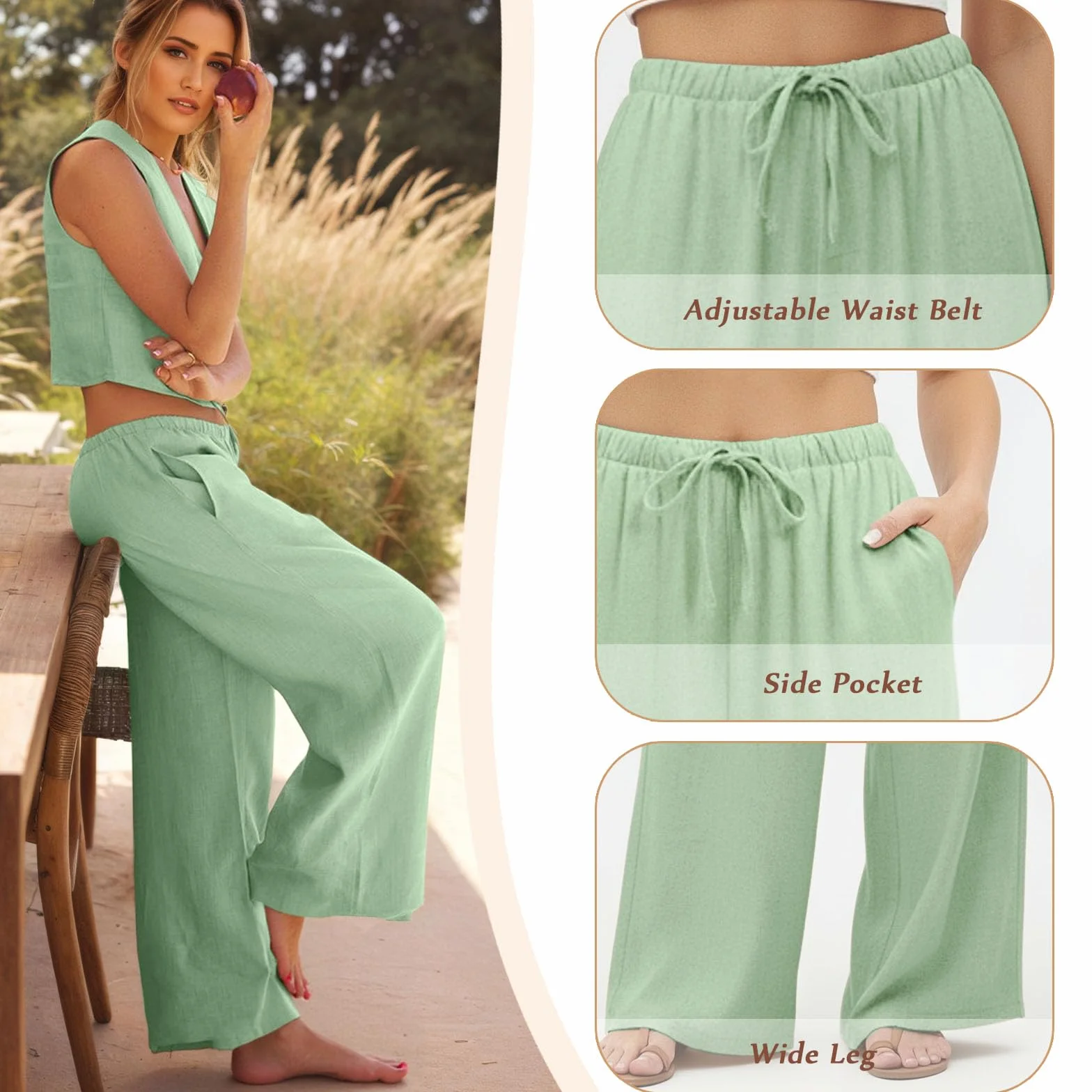 Pantalones Palazzo Mujer Lino Verano Elásticos Anchos con Bolsillos