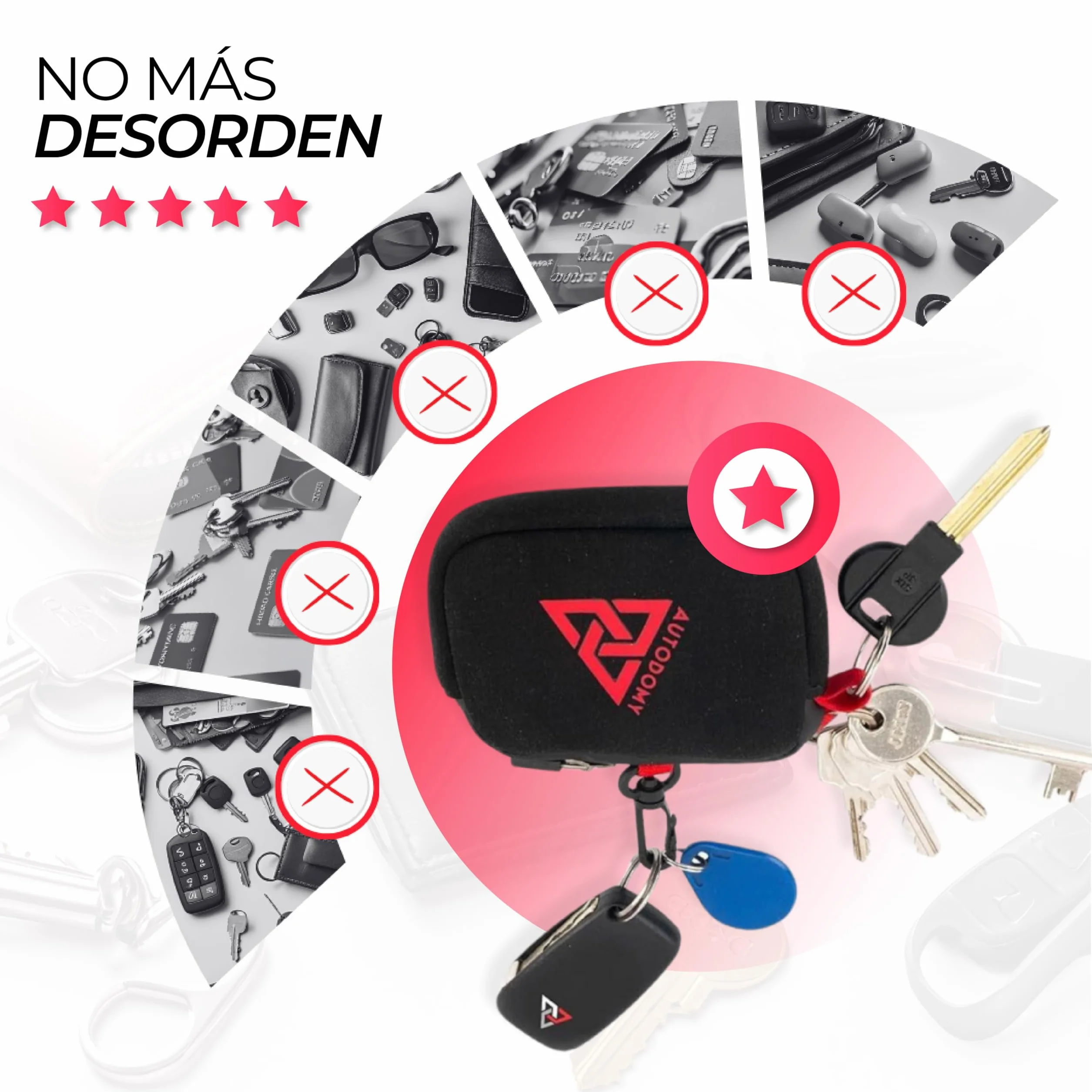 Autodomy Llavero para Moto Impermeable Neopreno Negro Rojo Porta Llaves con Anilla Mosquetón