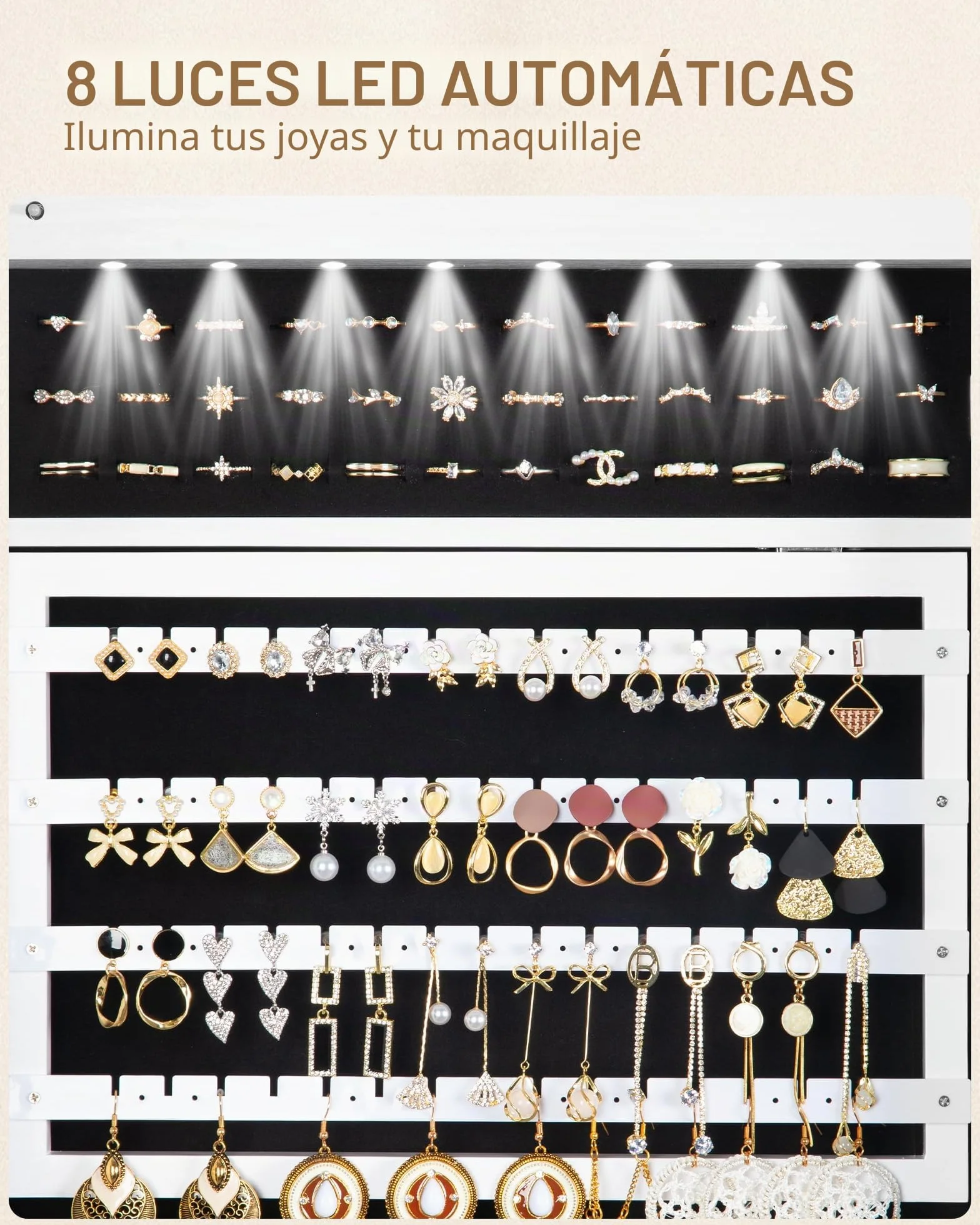 Armario Joyero 8 LEDs Organizador de Pie con Espejo Cuerpo Entero Cerradura 4 Ruedas 3 Niveles Blanco y Negro