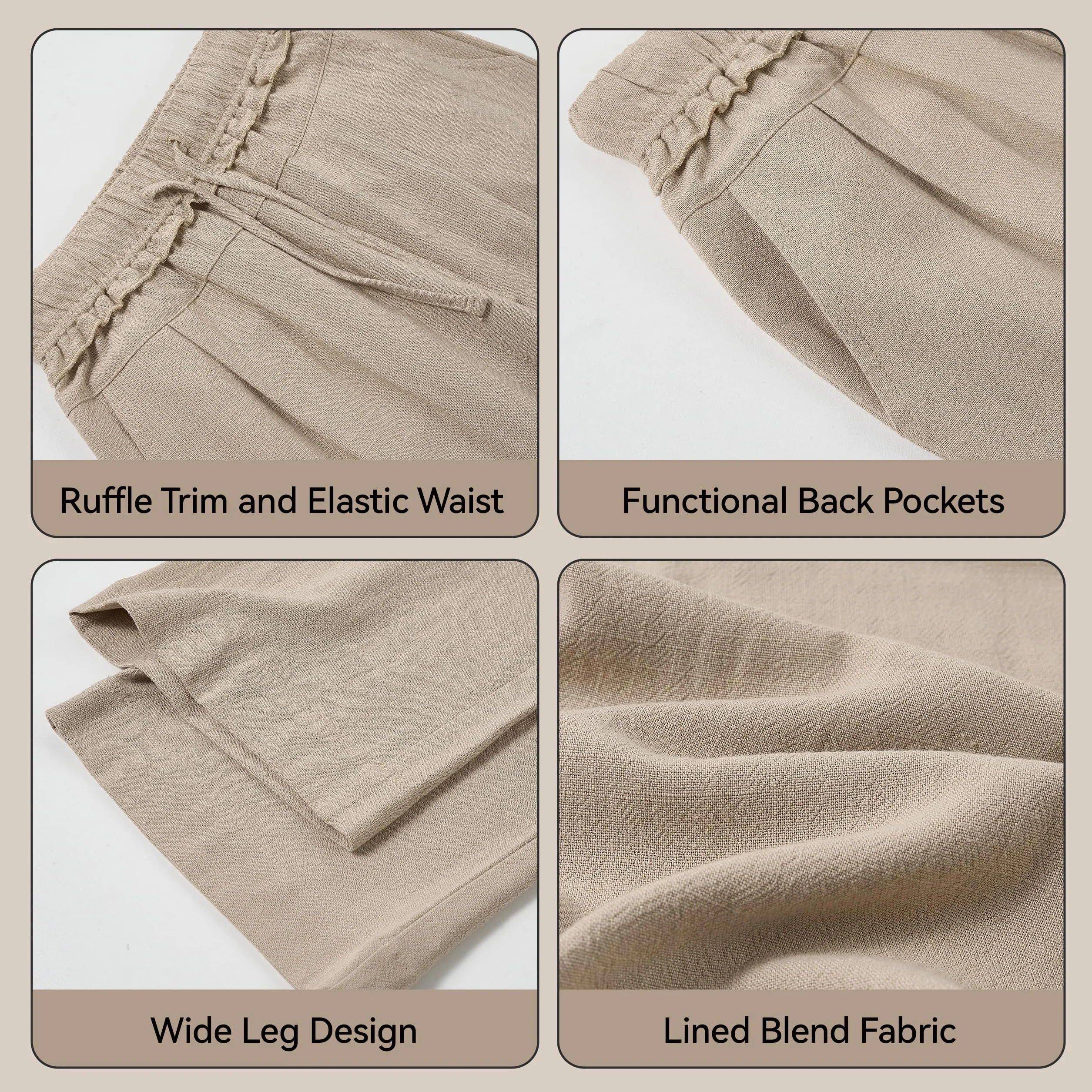 Pantalones de Lino para Niñas, Cintura Elástica Pierna Ancha Palazzo Playa con Bolsillos