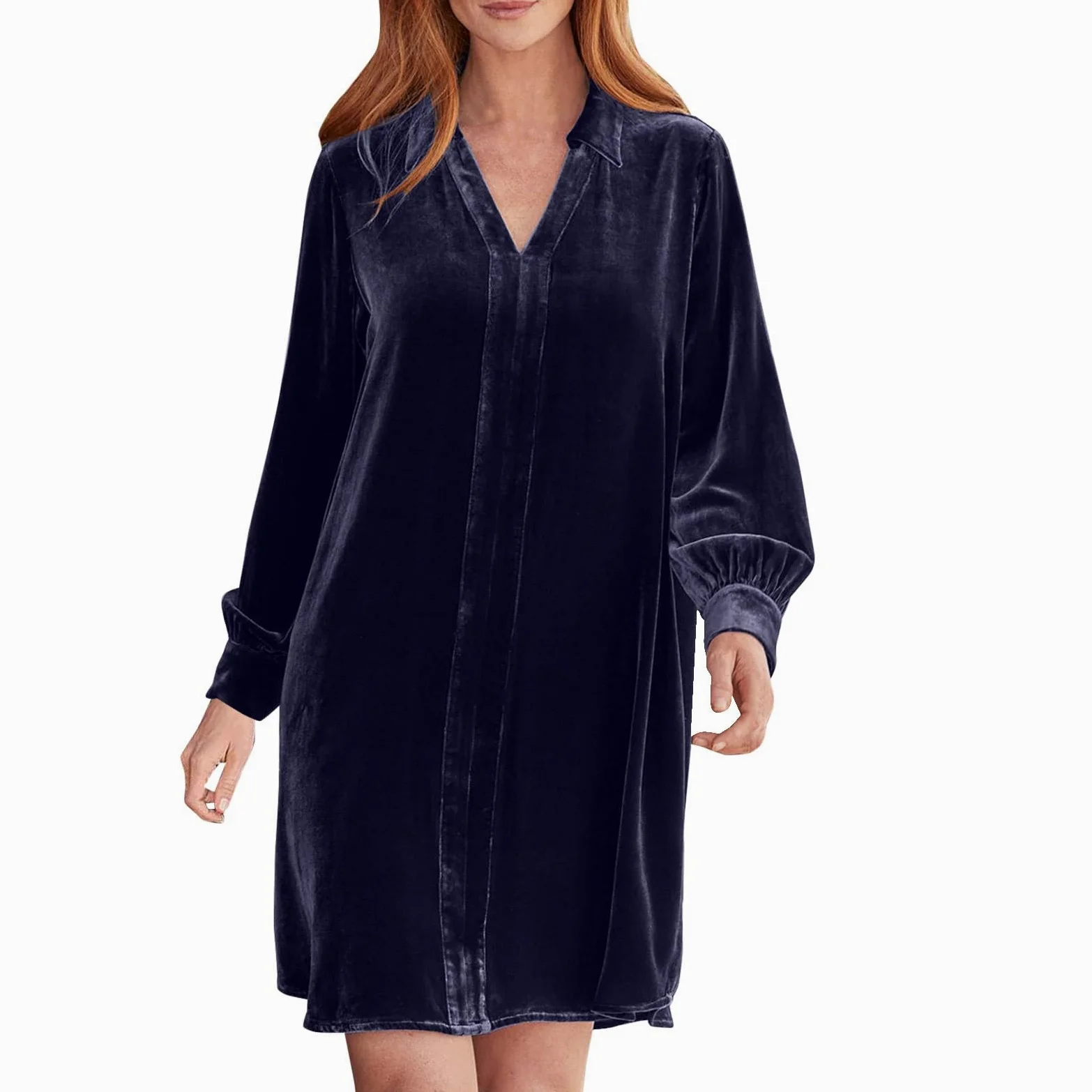 Generisch Vestido camisero de terciopelo dorado, vestido de Navidad, vestido de noche, vestido de fiesta para mujer