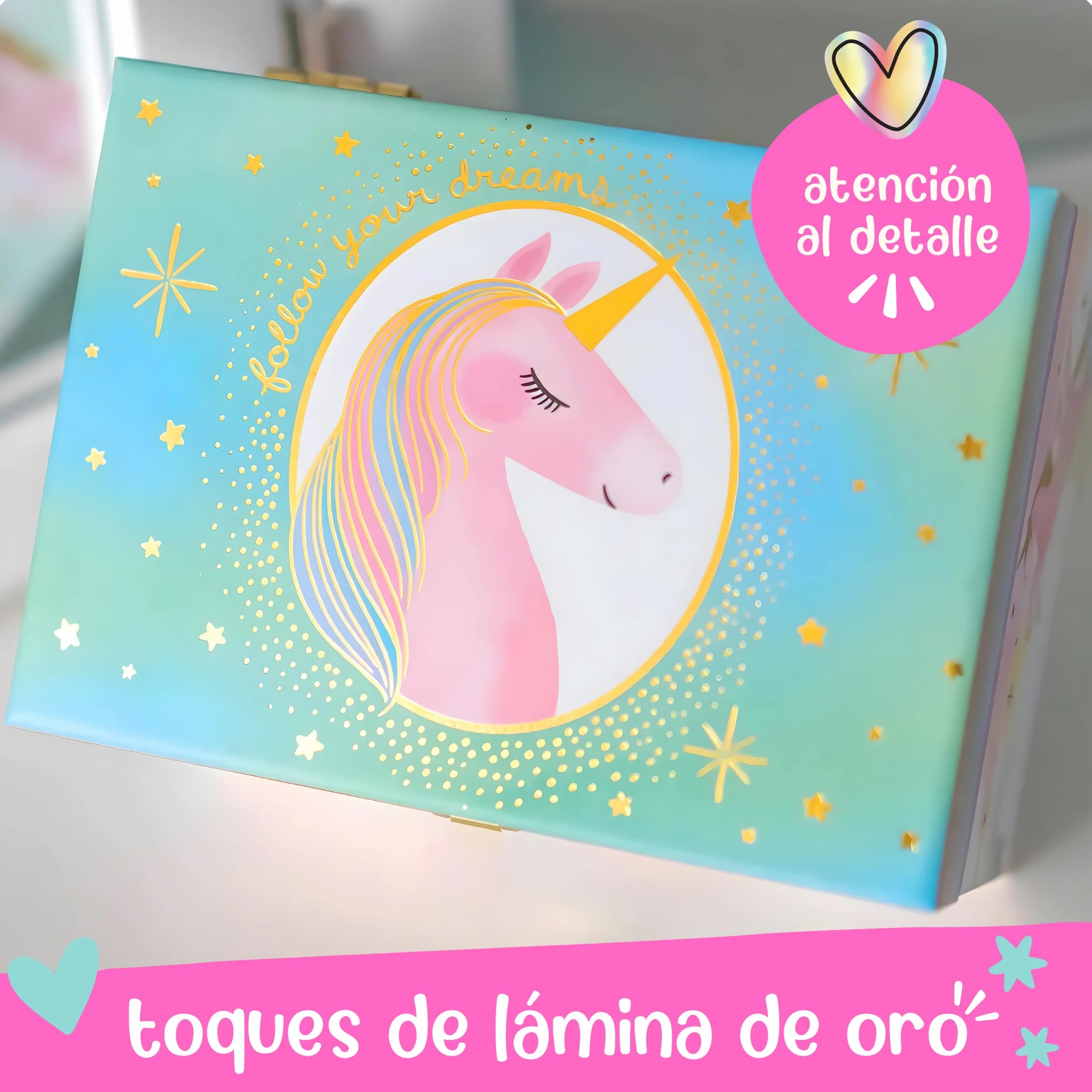 Giggle & Honey Joyero Musical Grande de Unicornio con Dos Cajones para Niñas - Caja de Música Infantil con Espejo