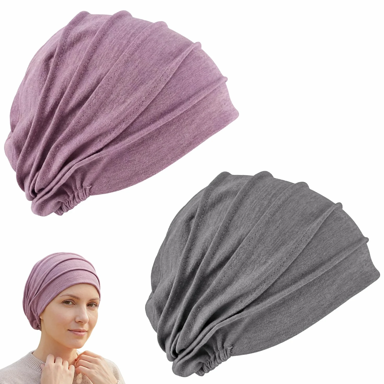Pack de 2 Turbantes de Algodón para Mujer, Gorros Quimioterapia Transpirables, Pañuelo de Cabeza para Pérdida de Cabello (Rosa y Púrpura)