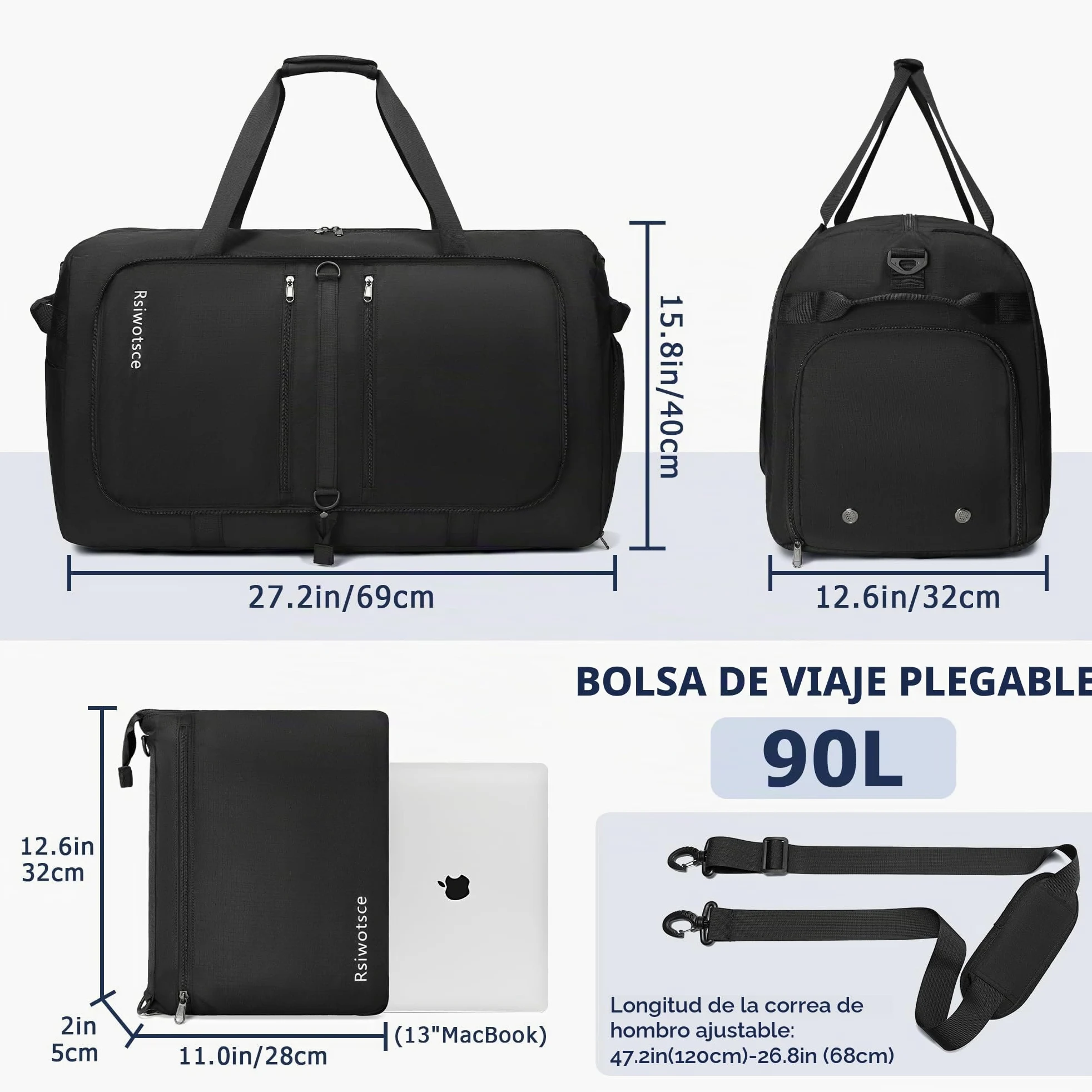 Bolsa de Viaje Unisex 90L Plegable, Impermeable con Compartimento para Zapatillas, 69 x 32 x 40 cm, Negro
