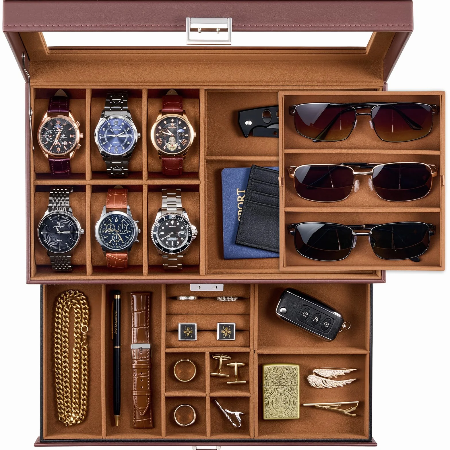 ProCase Caja Joyero para Hombres con Cerradura, 6 Espacios Relojes, PU Cuero, Marrón