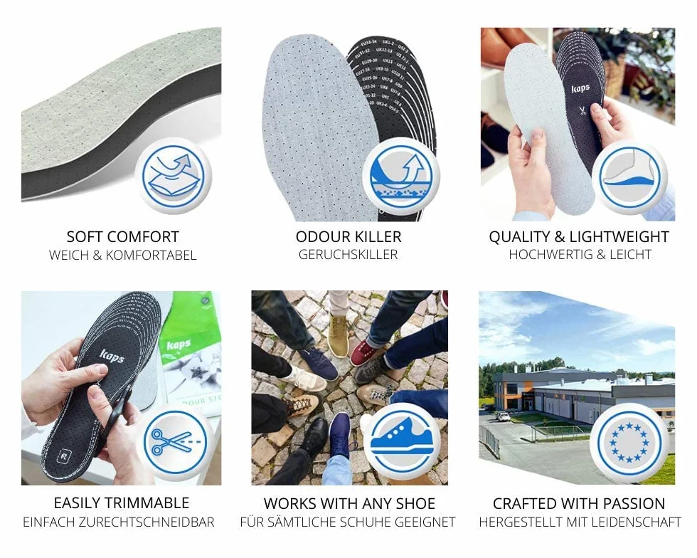 Kaps Paquete de 6 Pares Plantillas Anti-Olor Carbón Vegetal Insertos Zapatos Odour Stop Corte Medida