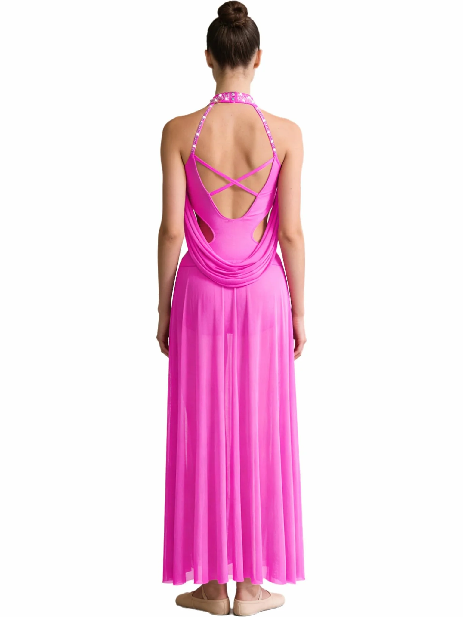Dama Vestido Baile Lirico con Brillo Vestido Ballet Sin Mangas Patinaje Artístico con Fisura En La Falda Baile Moderno Y Contemporáneo