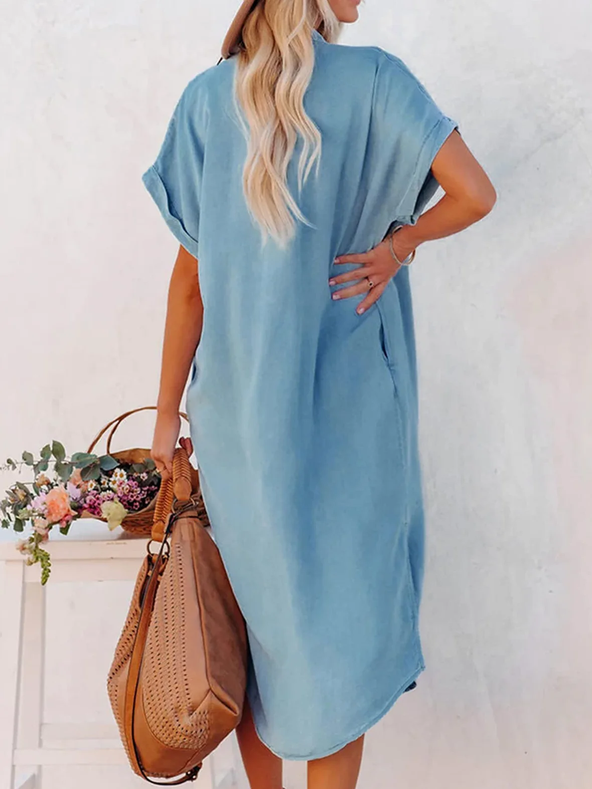 CUPSHE Vestido, Manga Acampanada, Vestido con Botones, Manga Corta, Cuello en V, Vestidos camiseros Informales para Mujer