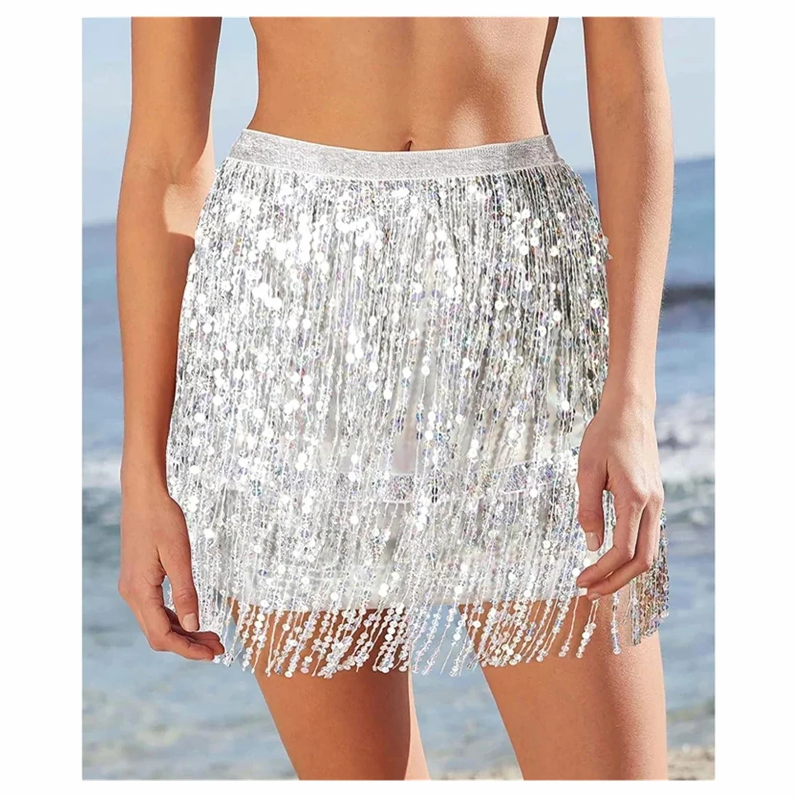 Falda Lentejuelas Falda con Flecos y Lentejuelas for Mujer, Minifalda con Cintura elástica y Purpurina for Fiesta Rave de Baile, Negro/Plata/Dorado/Rojo(Black,M)