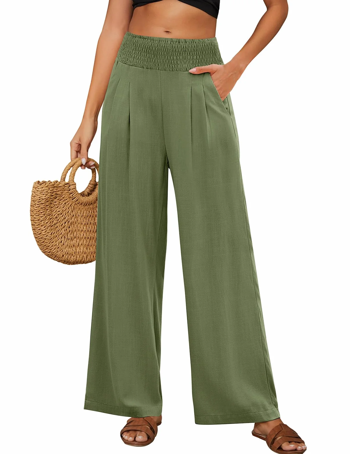 Pantalones de Lino Mujer Verano Algodón Cintura Alta Palazzo Pierna Ancha con Bolsillos