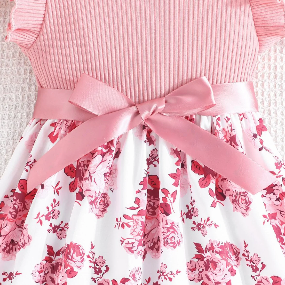 Vestido Princesa Niña Moño Flor Mangas Cortas Patrón Mariposa Fiesta Verano 4-8 años