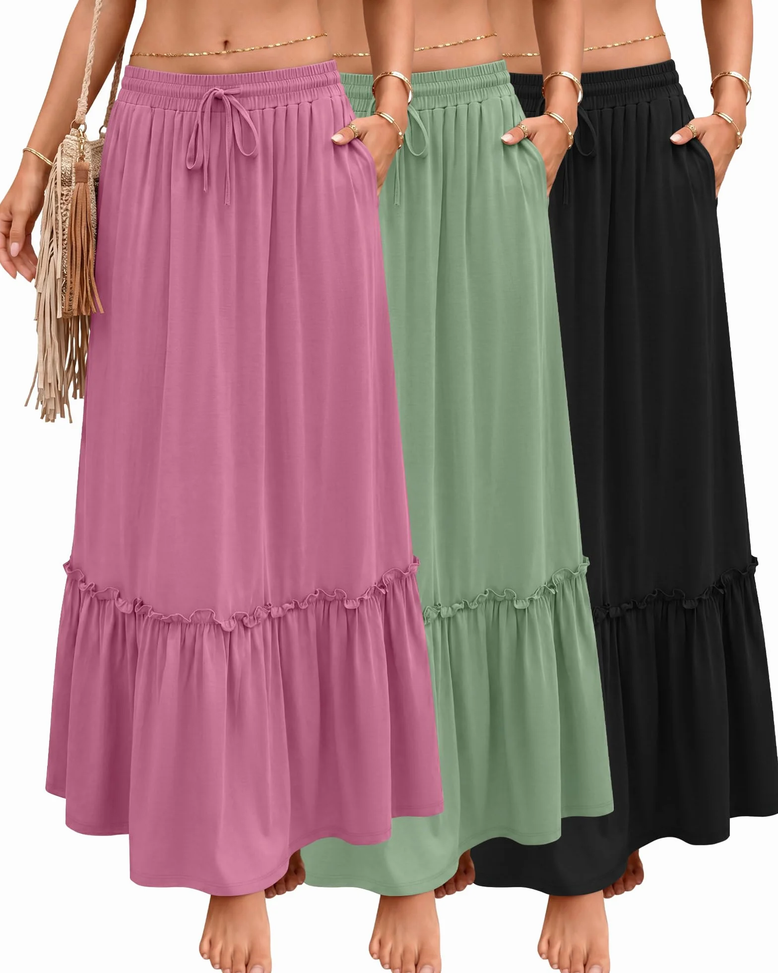 Pack de 3 Faldas Maxi Boho para Mujer, Falda Larga de Capas con Volantes, Cintura Alta