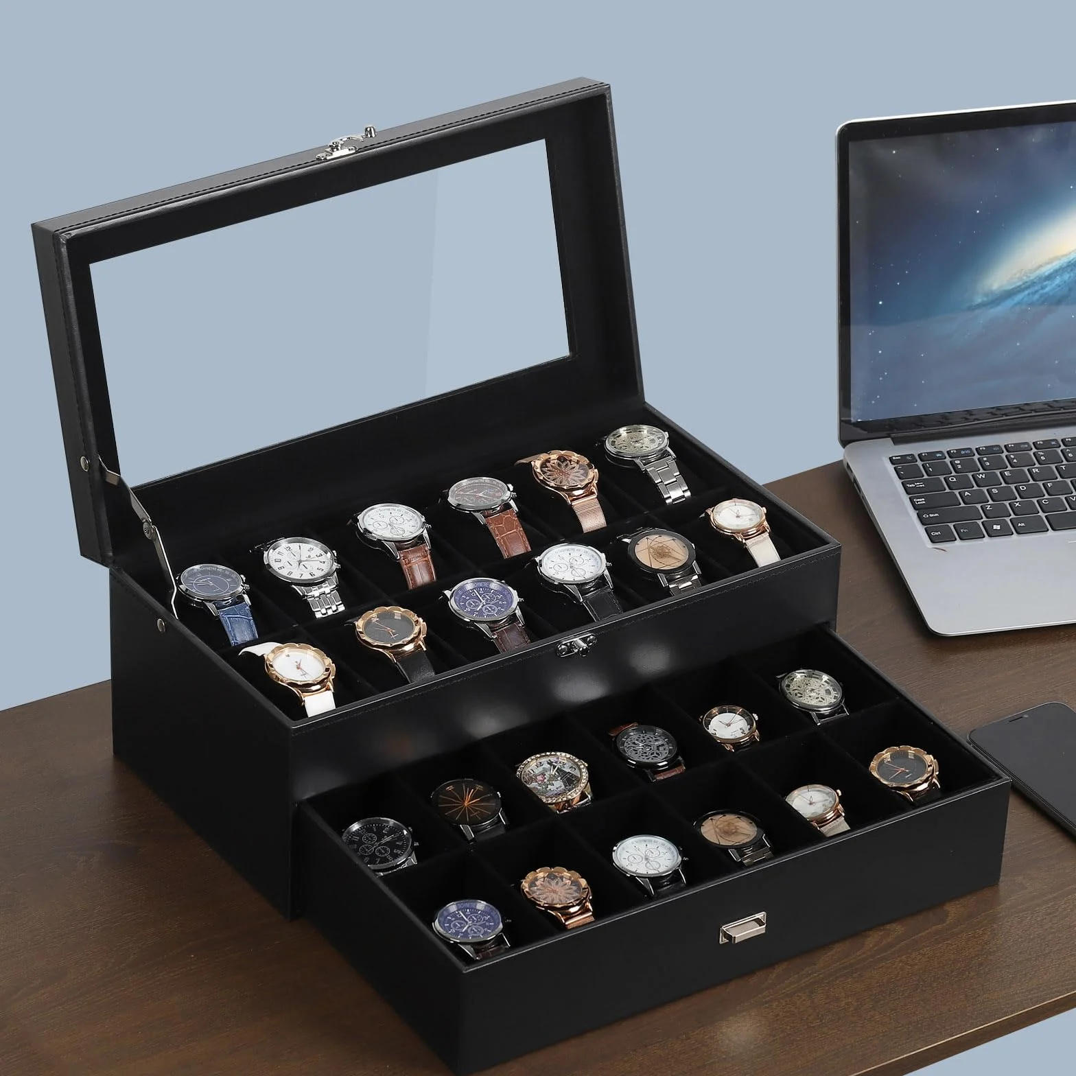 AUTOARK Caja organizadora de 24 relojes con tapa de vidrio y cajón de joyas de cuero y terciopelo, negro MKAW035
