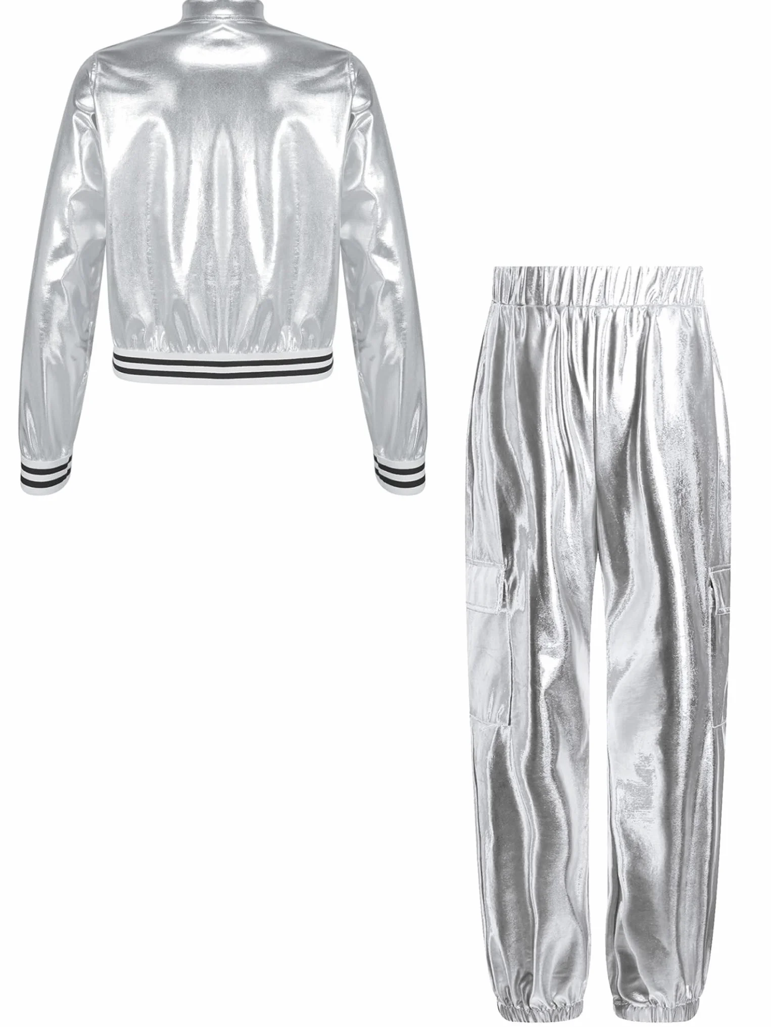 Traje deportivo metálico niña manga larga pantalón holográfico años 70 80