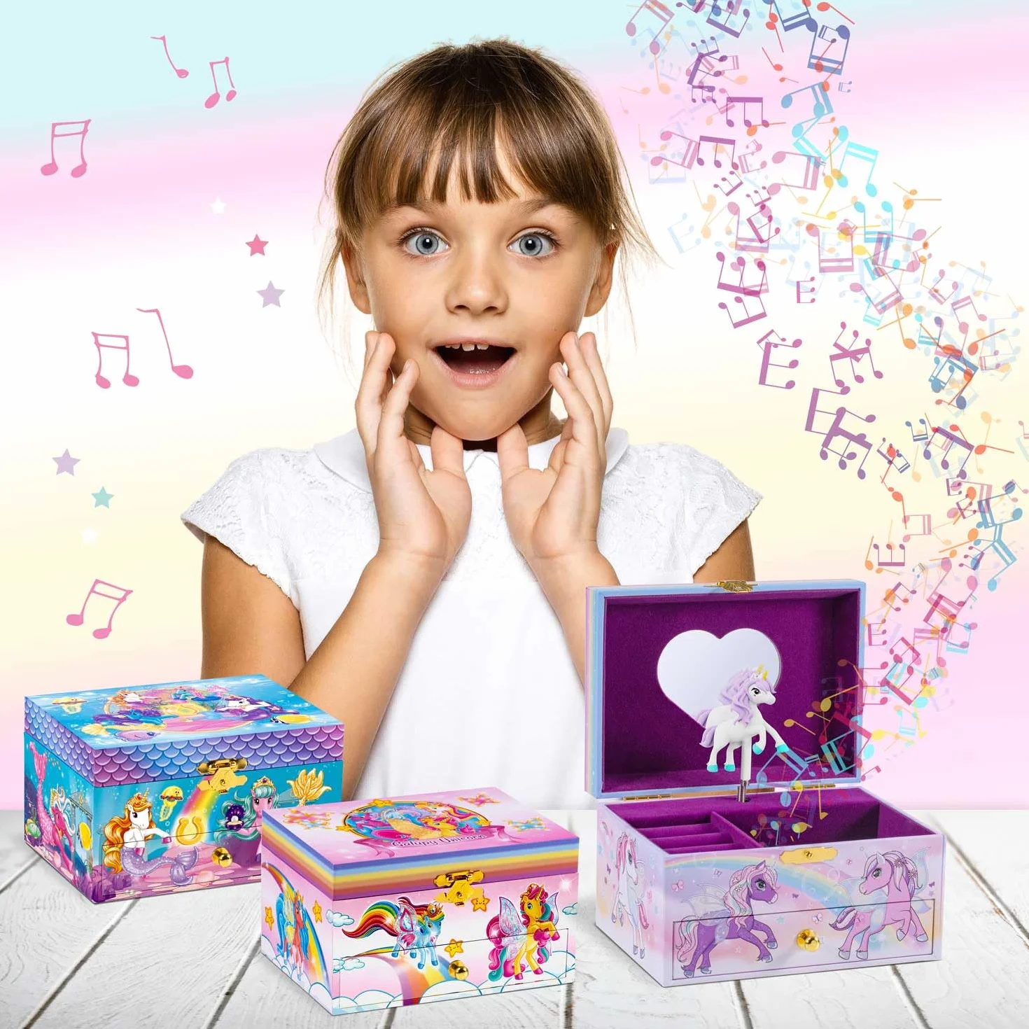 CRAZE Joyero Musical Niña Unicornio Caja de Música Cajón Extraíble Aterciopelado Espejo Unicornio Giratorio