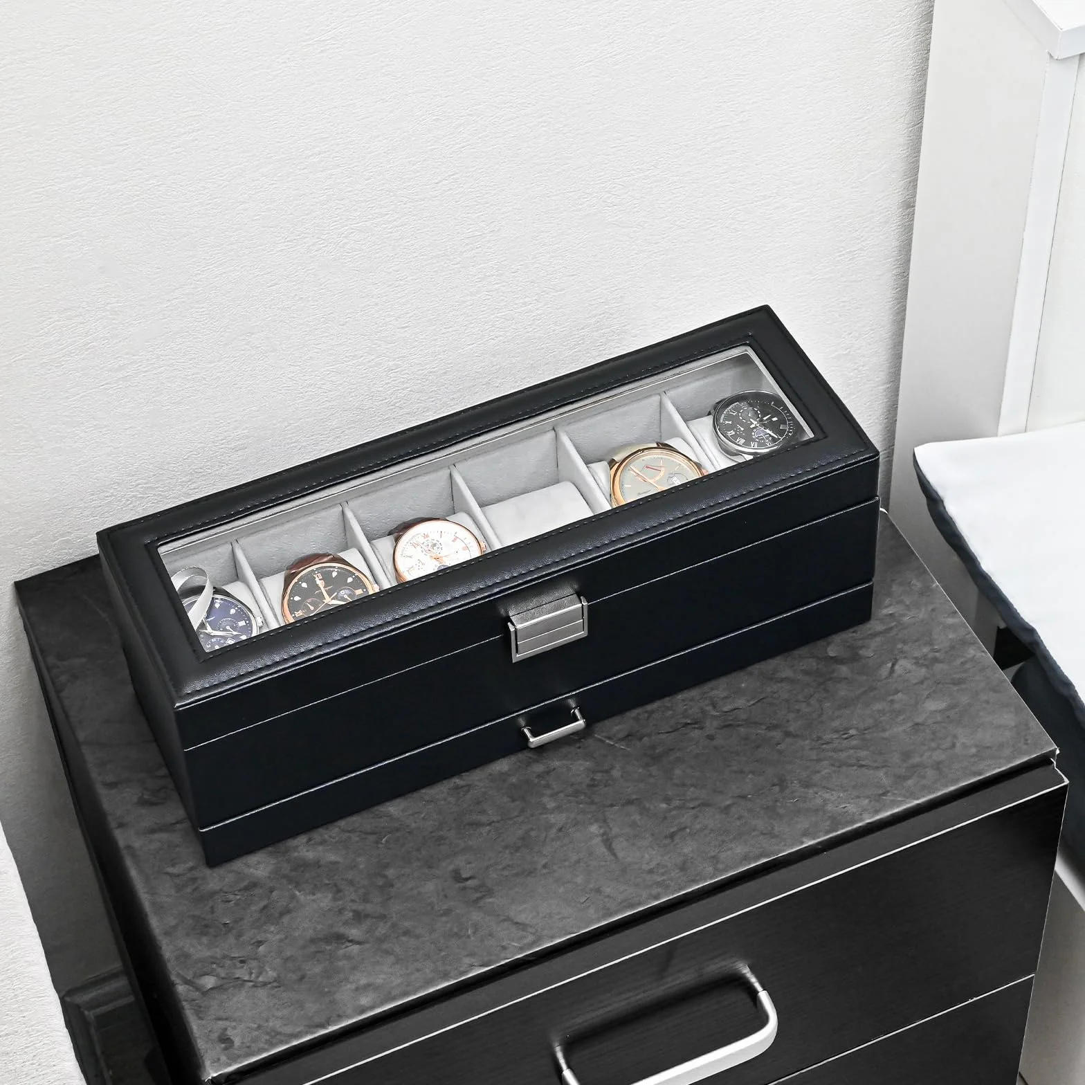 ProCase Caja de Relojes 6 Ranuras Cajón 2 Capas Tapa de Cristal Estuche Almacenamiento Negro