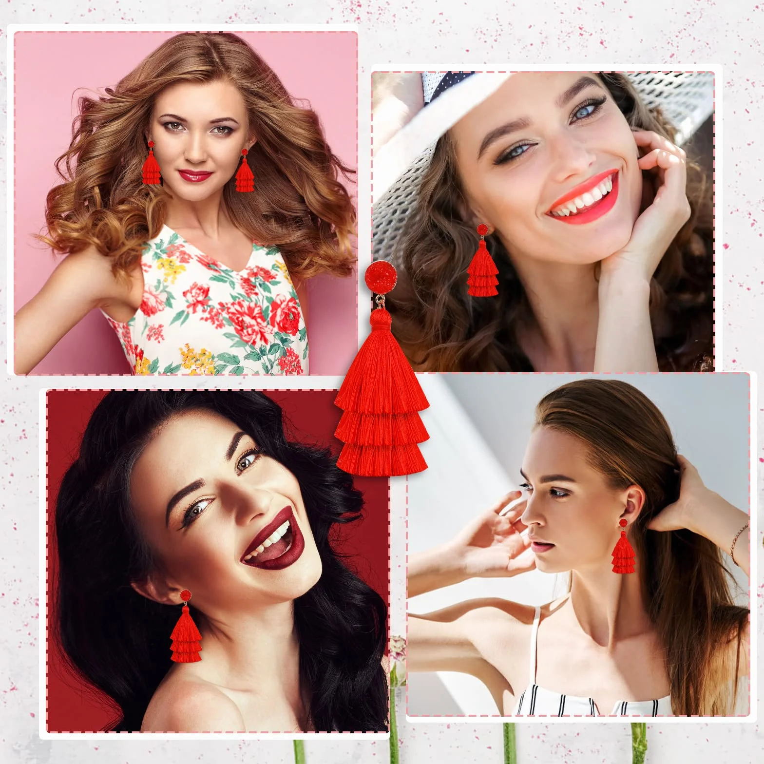 Pendientes Bohemios Borla Capas Colgantes Boho Hilo Rojo Mujer