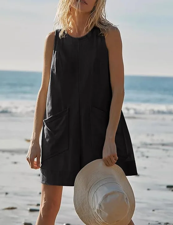 Haibang Jumpsuit Elegante Mono Mujer Verano Corto Sin Mangas Cuello Redondo Peto Casual
