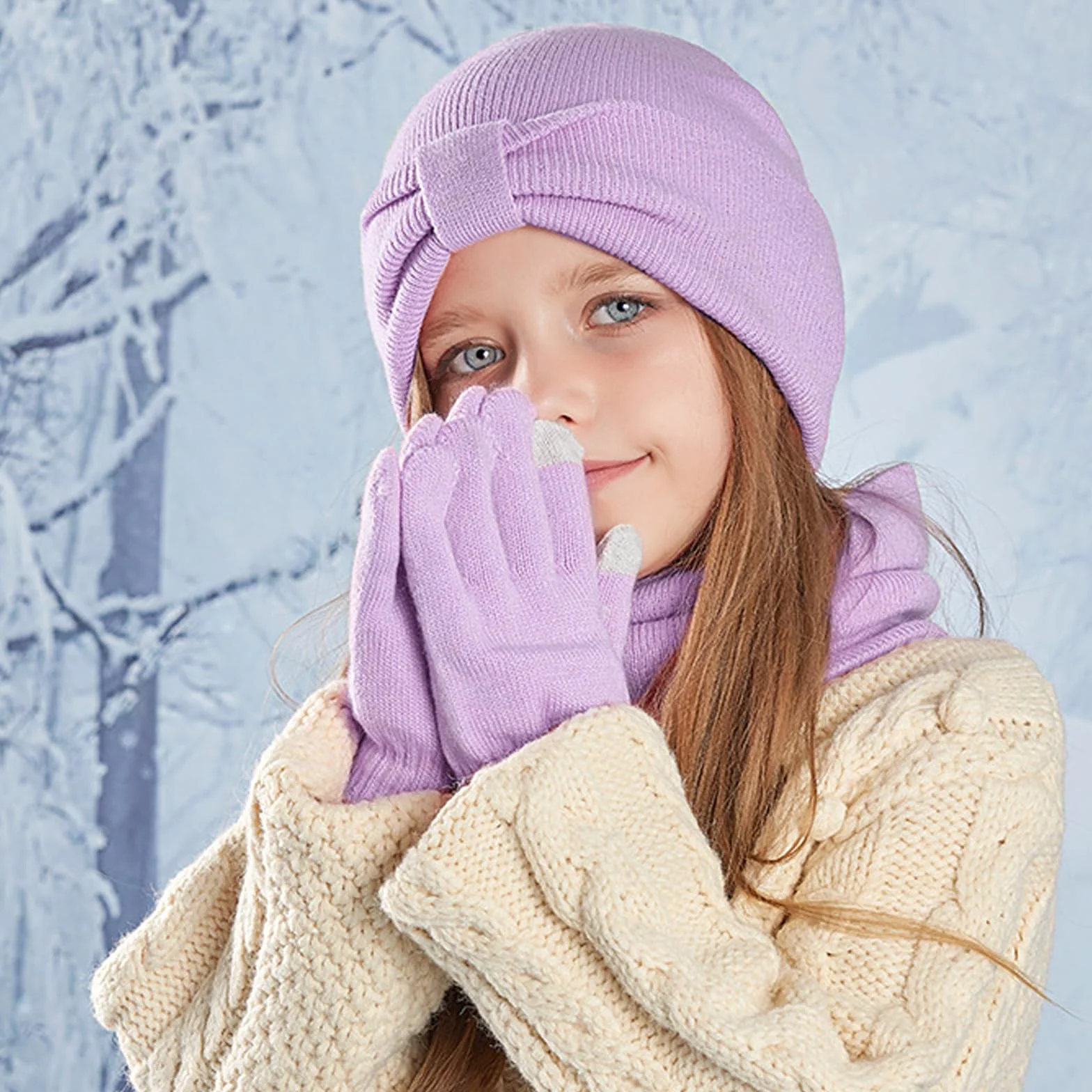 Conjunto de Gorro Bufanda y Guantes 3 en 1 para Niños Invierno 3PCs Púrpura
