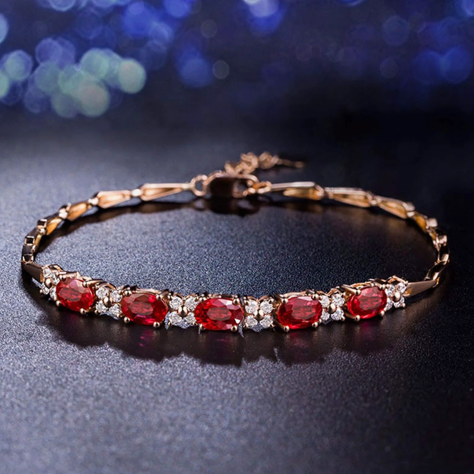 YCTTKDD Pulsera de Oro Rosa Rubí para Mujer, Pulsera de Cadena para Mujer Eslabón de Barra con Pulsera de Rubí 2.31ct 17CM