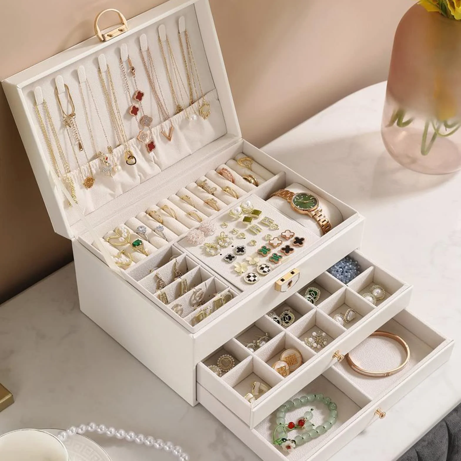 Joyero de 3 Niveles Organizador de Joyas Cuero PU Grande para Viaje Mujer Niña Blanco