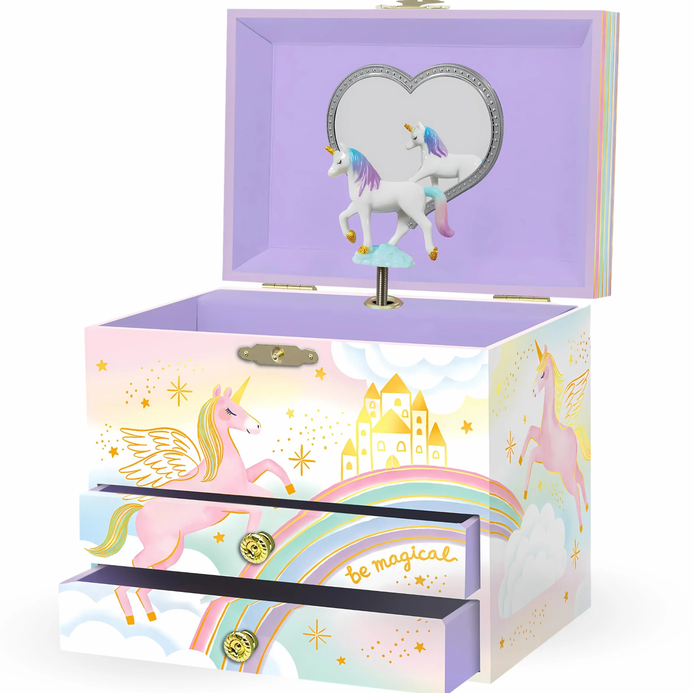 Giggle & Honey Joyero Musical Grande de Unicornio con Dos Cajones para Niñas - Caja de Música Infantil con Espejo
