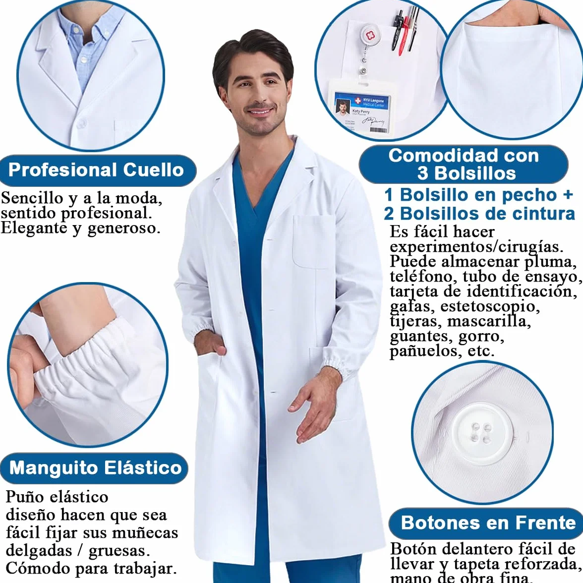 Bata Laboratorio Algodón Blanca Manga Larga Mujer Hombre Médico Enfermera Profesora