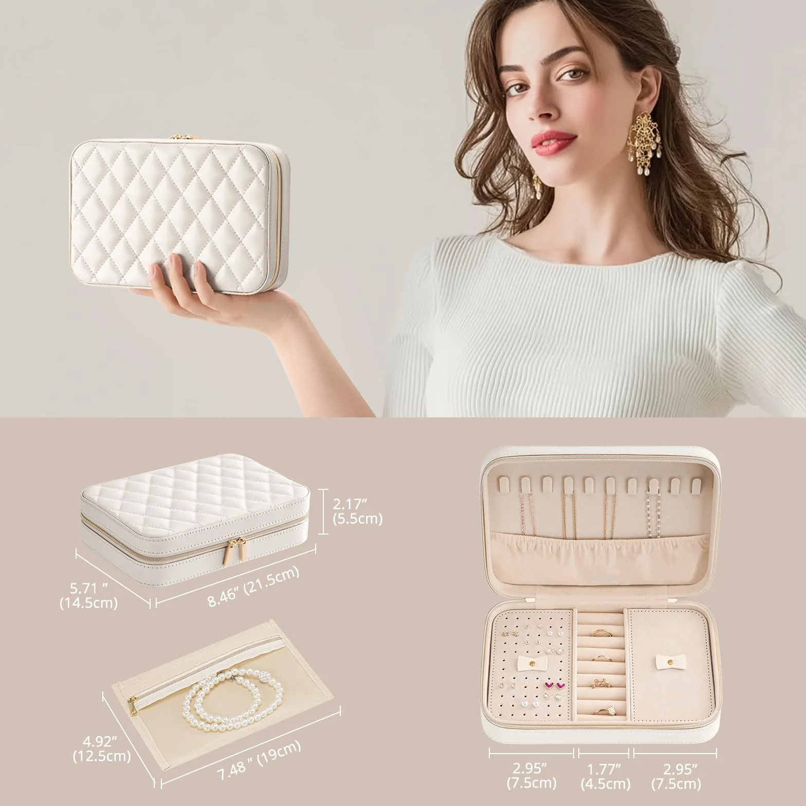 Lolalet Caja de Joyería de Viaje, Organizador Portátil de Piel Sintética con Espejo para Pendientes, Anillos, Collares y Pulseras, Tamaño M, Blanco