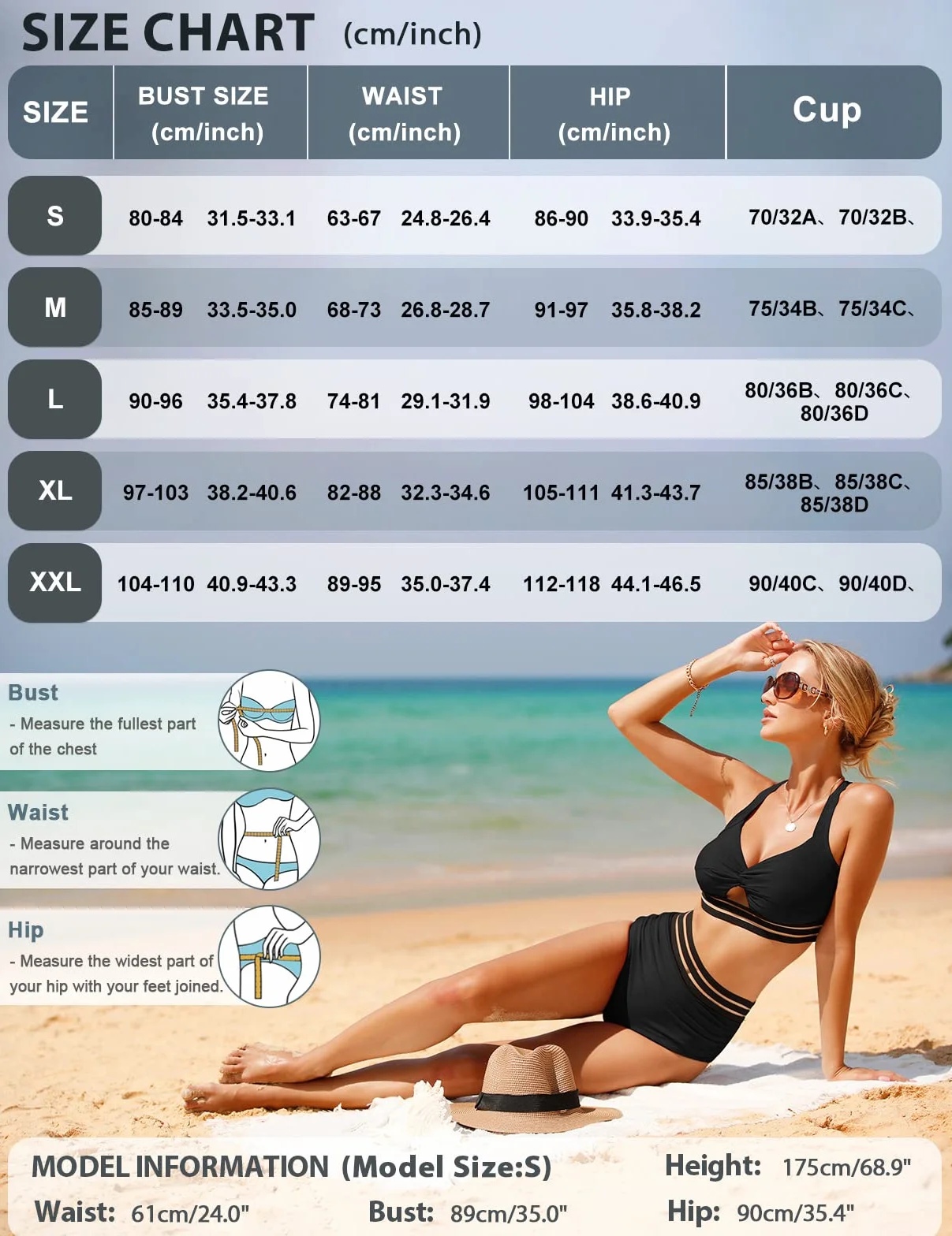 Vancavoo Bikinis Bañador Traje de baño Mujer Reductor Push Up Espalda Cruzada Sujetador Hueca Braguitas Cintura Alta 2 Piezas Conjuntos