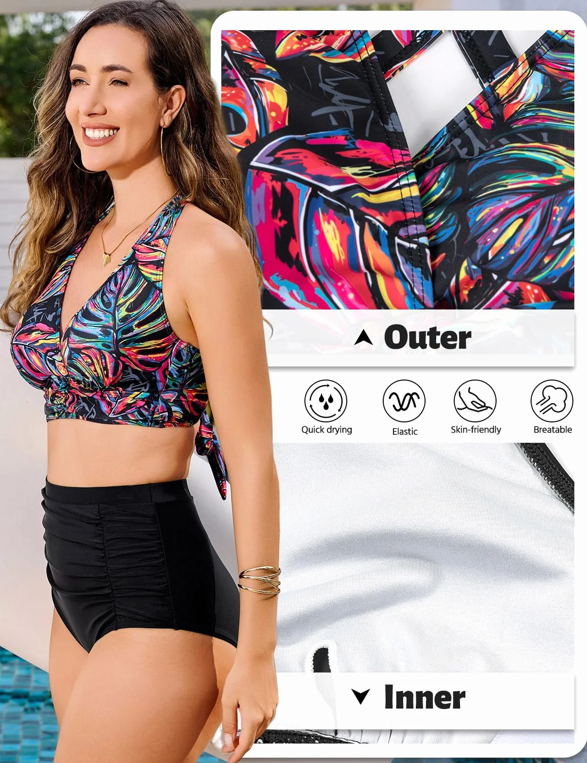Voqeen Mujer Bikinis Reductor Barriga Cintura Alta Traje de Baño 2 Piezas Push Up con Relleno Conjuntos de Bikinis de Playa Bañadores de Natacion Cuello en V Bikini Top y Braga Ajustable