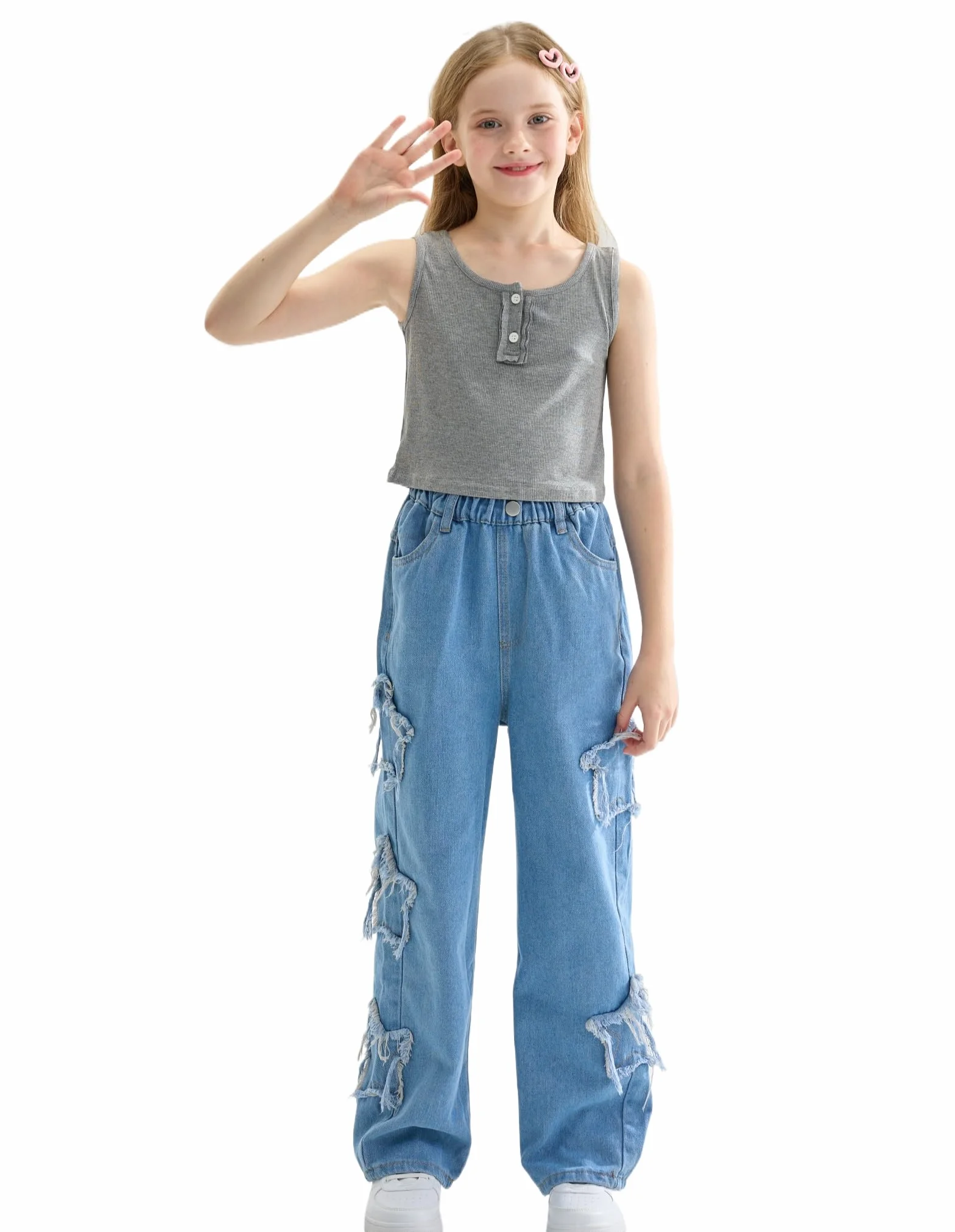 Vaqueros Niñas Loose Denim Pantalones Cintura Elástica Moda Rotos Azul