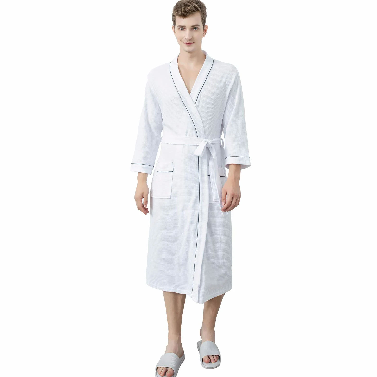 Albornoz de algodón de punto, kimono largo, con bolsillos para hombres y mujeres, spa y piscina de hotel