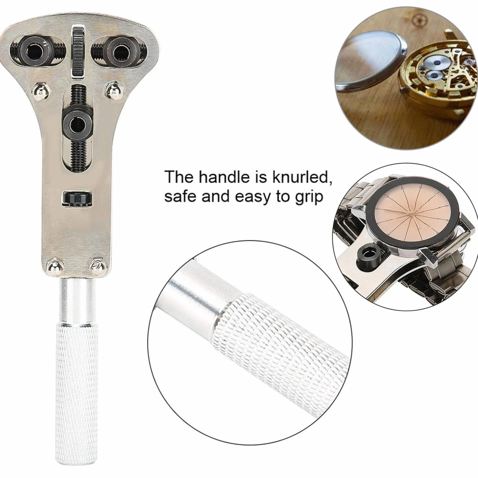 Llave de Apertura de Reloj, Abridor de Relojes de Tres Mordazas, Accesorio para Reparación de Relojes (Plata)